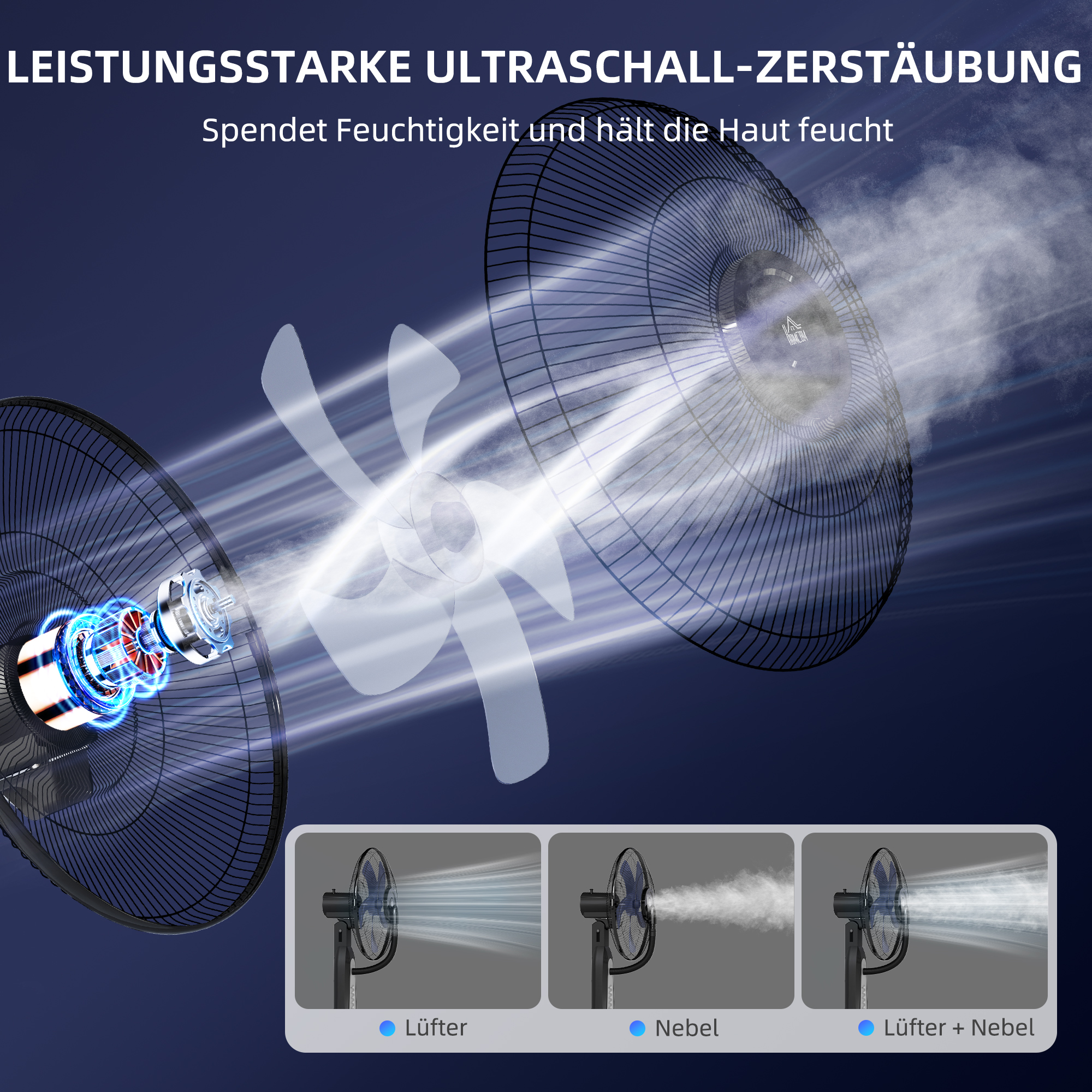 Ventilator mit Sprühnebelfunktion, 3 Liter-Tank, 75 Grad drehbar, 3 Geschwindigkeiten, rollbar, 125 cm, Schwarz