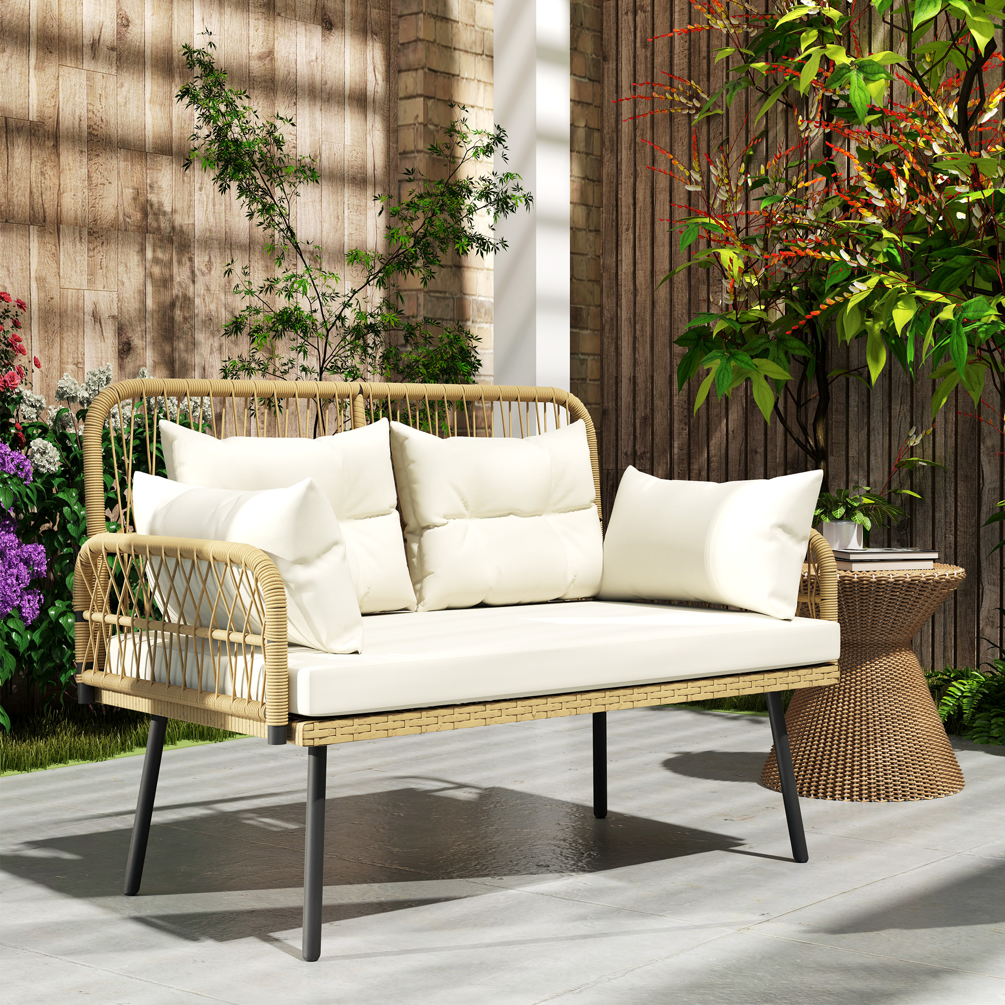 Gartensofa mit Kissen 2-Sitzer Sofa Outdoor Balkon Sofa Rattansofa Polyrattan 115 x 61 x 82 cm Naturholz