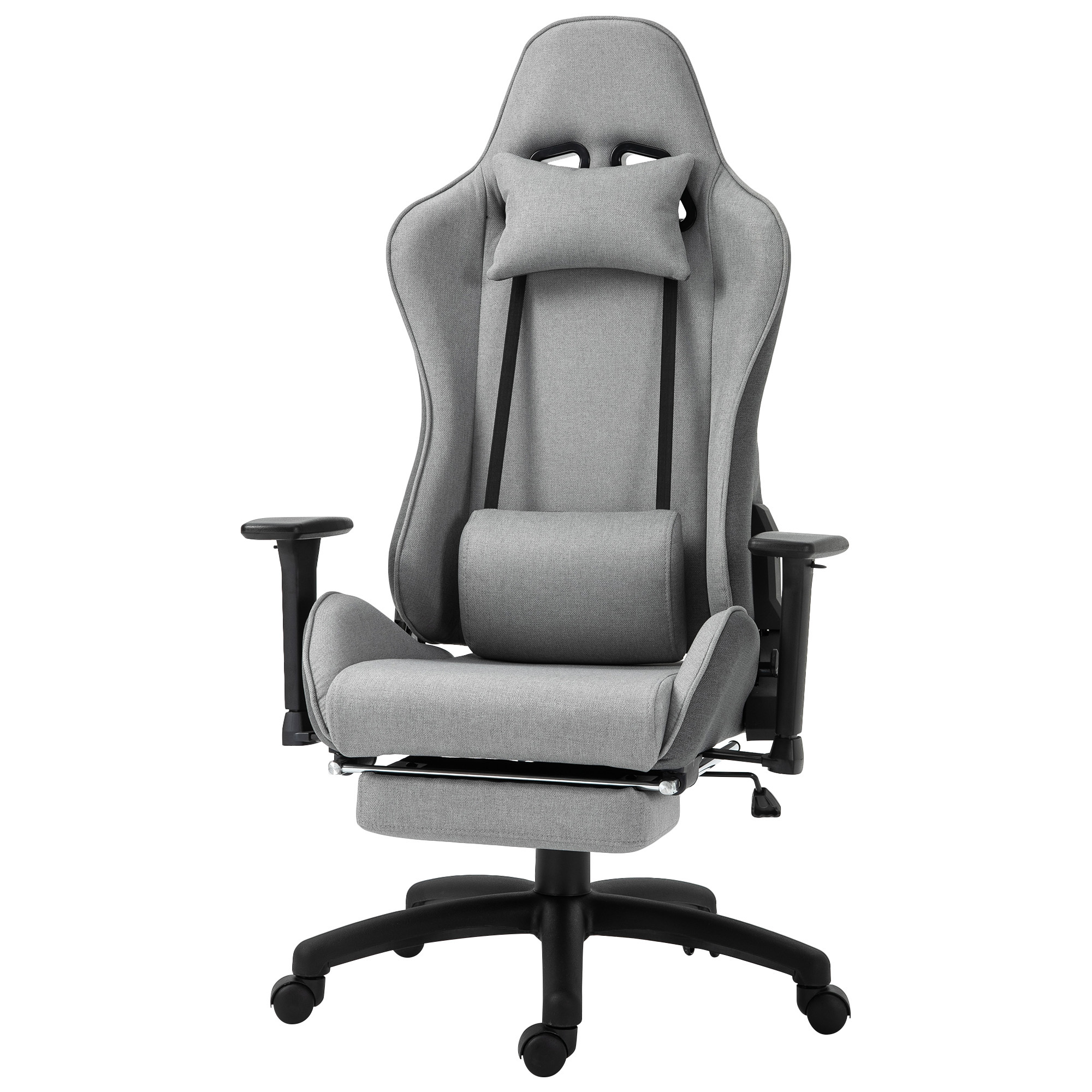 Bürostuhl Computerstuhl Drehstuhl mit abnehmbarem Kopf- und Lendenkissen Wippenfunktion ergonomischer Schreibtischstuhl drehbar höhenverstellbar mit Fußstütze PP Grau 73x57x127-135 cm