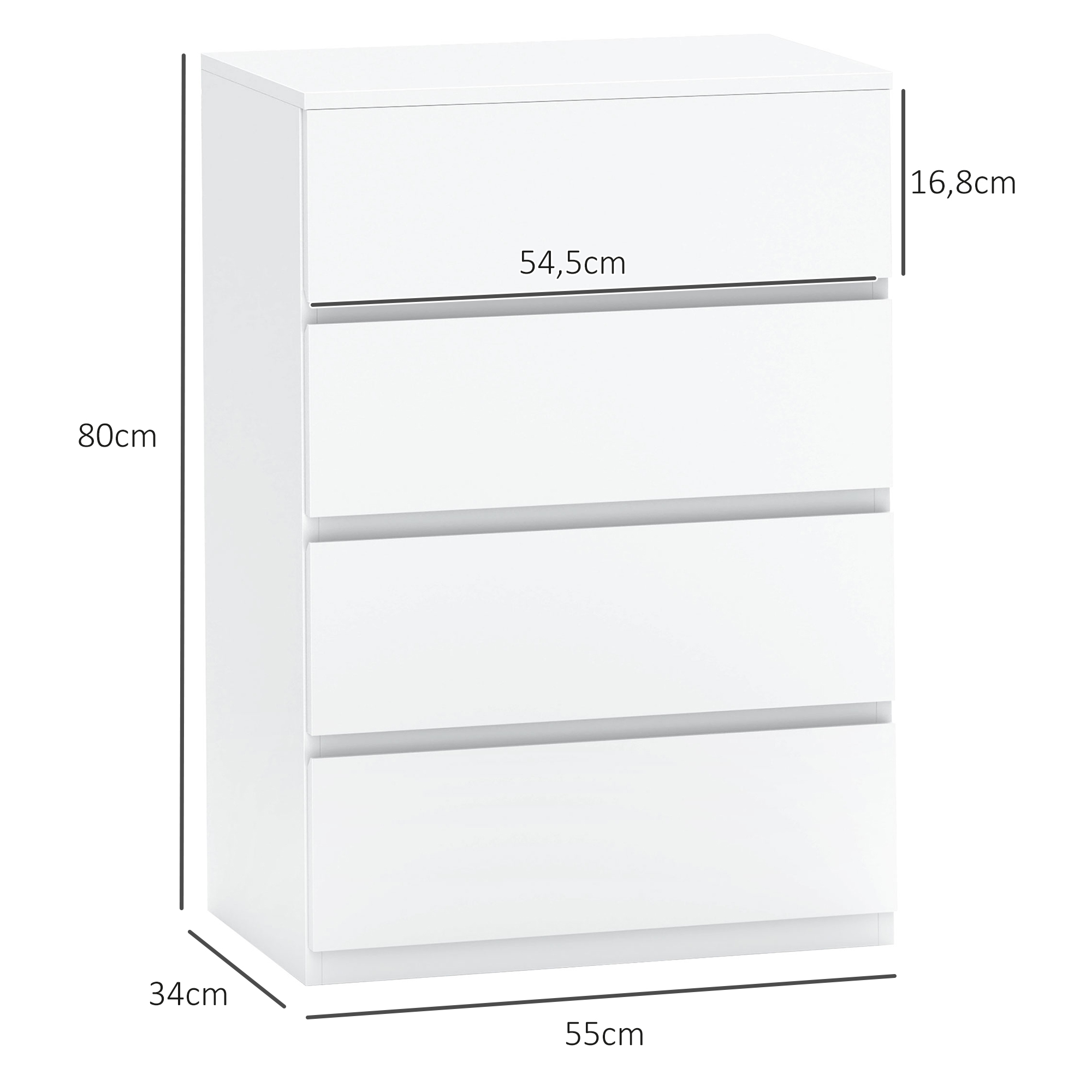 Kommode Sideboard Schubladenkommode, 4 Schubladen, 55 cm x 33 cm x 80 cm, Weiß