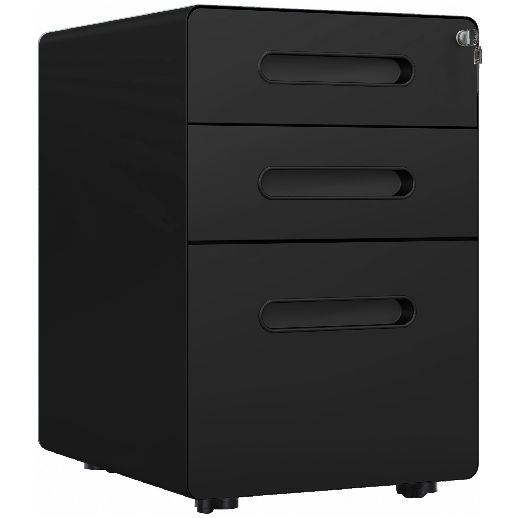 Rollcontainer mit 3 Schubladen mobiler Aktenschrank mit Rollen abschließbar Büroschrank mit Hängeregistratur Stiftfach, Bürocontainer Schreibtisch Unterschrank für Büro 39x48x59cm Schwarz