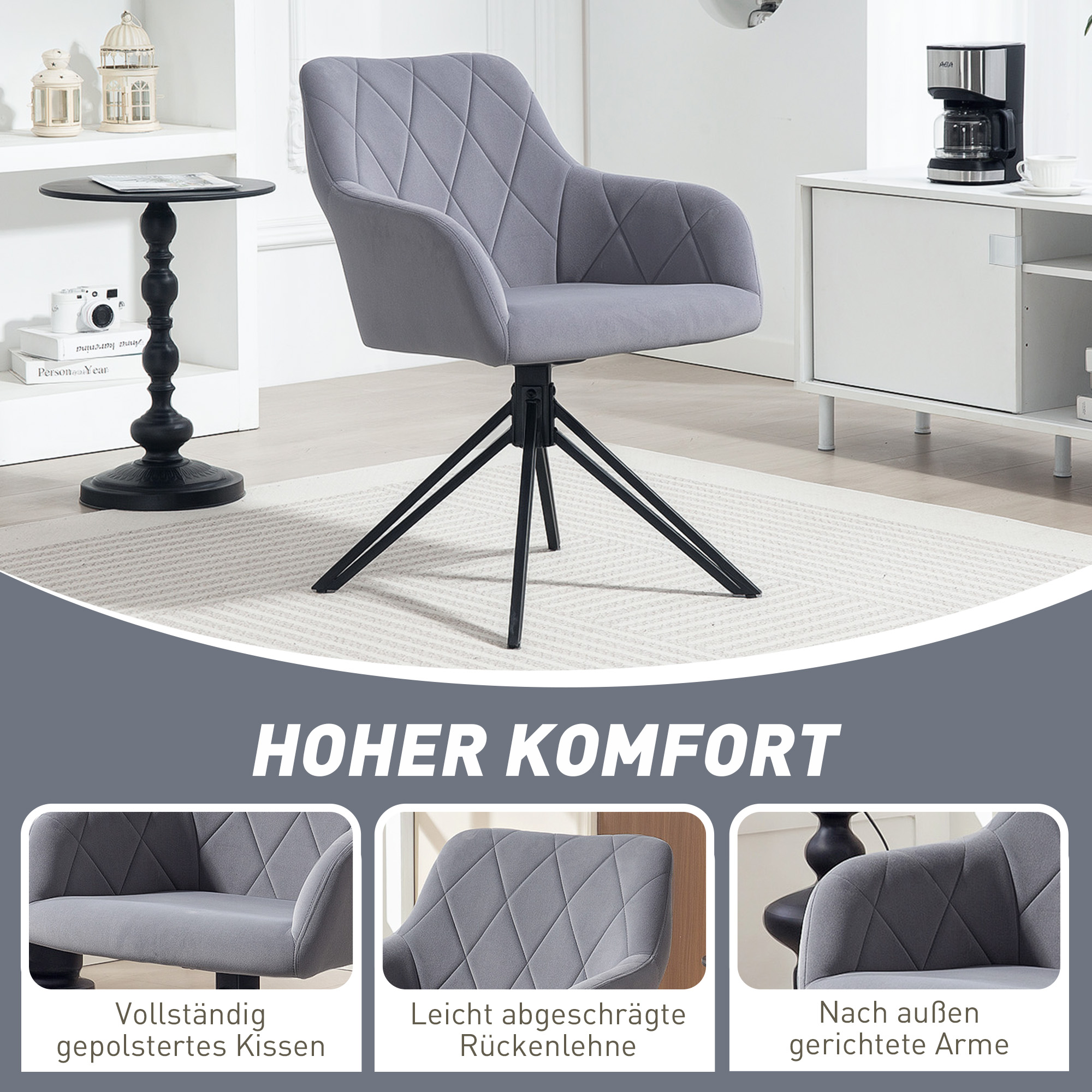 Akzentstuhl im Retro-Design Samtoptik 58 cm x 60,5 cm x 79 cm Stahl Grau