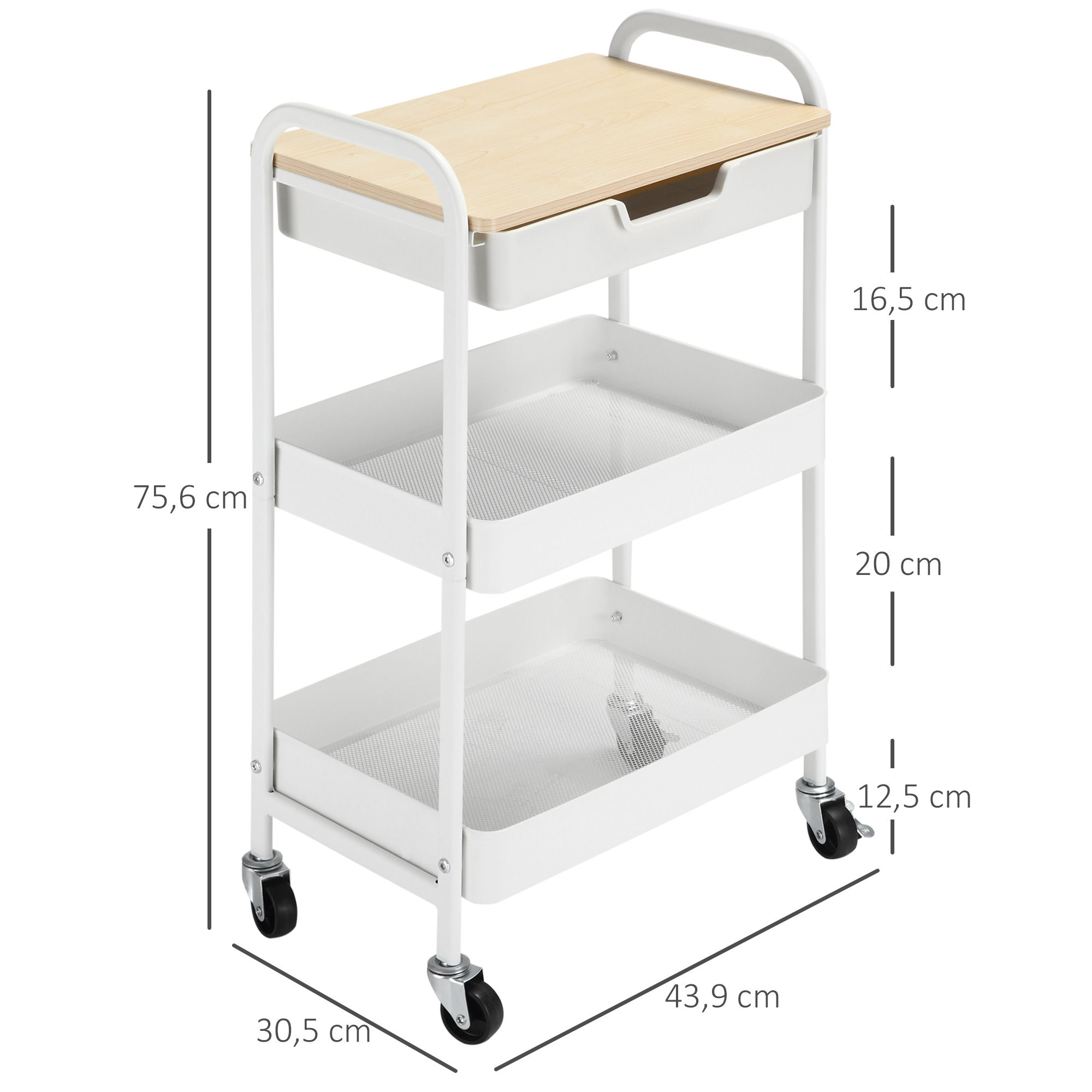 Rollbarer Küchenwagen, 2 Regale, Schublade, Ablage, 4 Rollen, Griffe, Stahl, Weiß