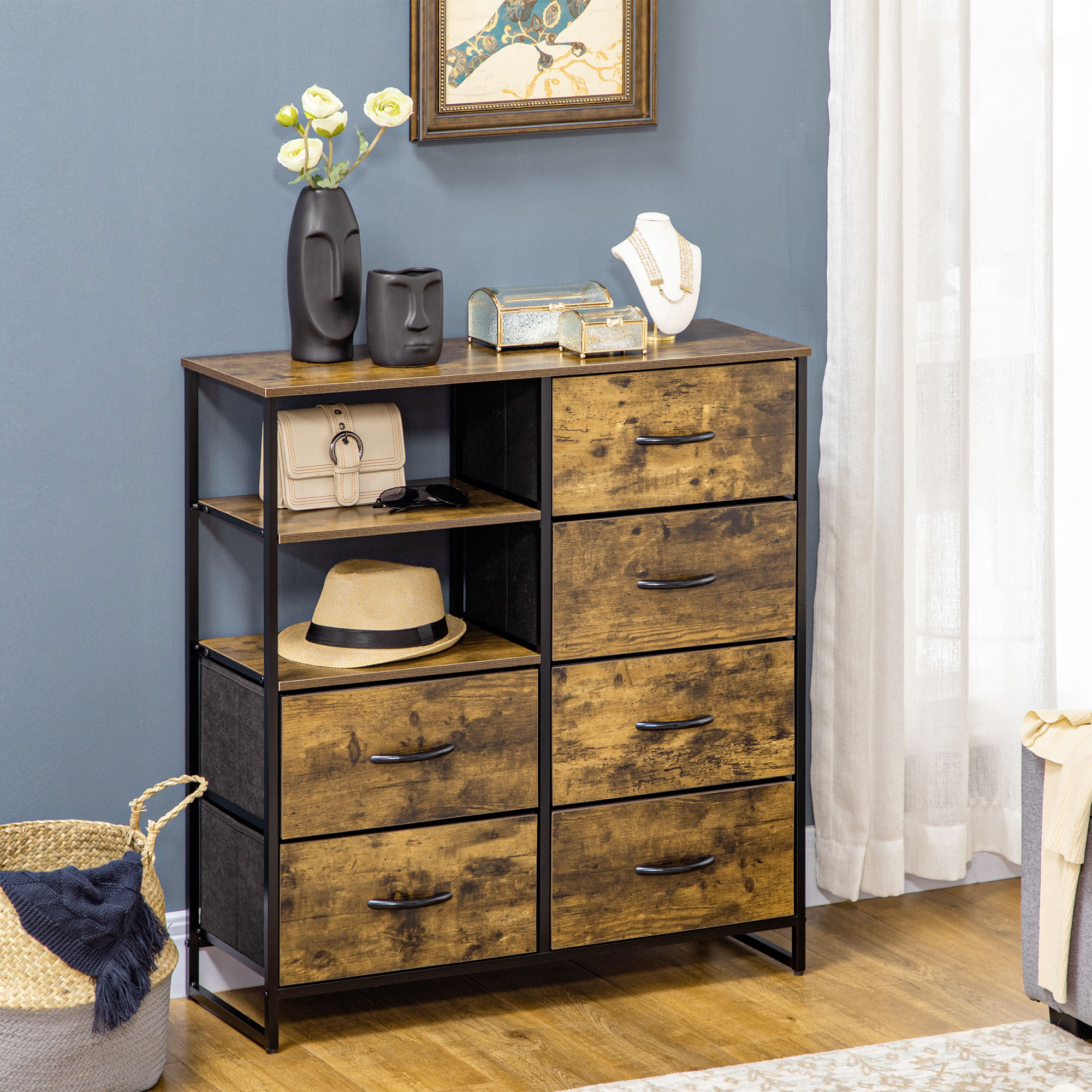 Kommode mit sechs Schubladen, offene Regale, MDF und Stahl, 84x30x92 cm, Braun/Schwarz, verstellbare Füße