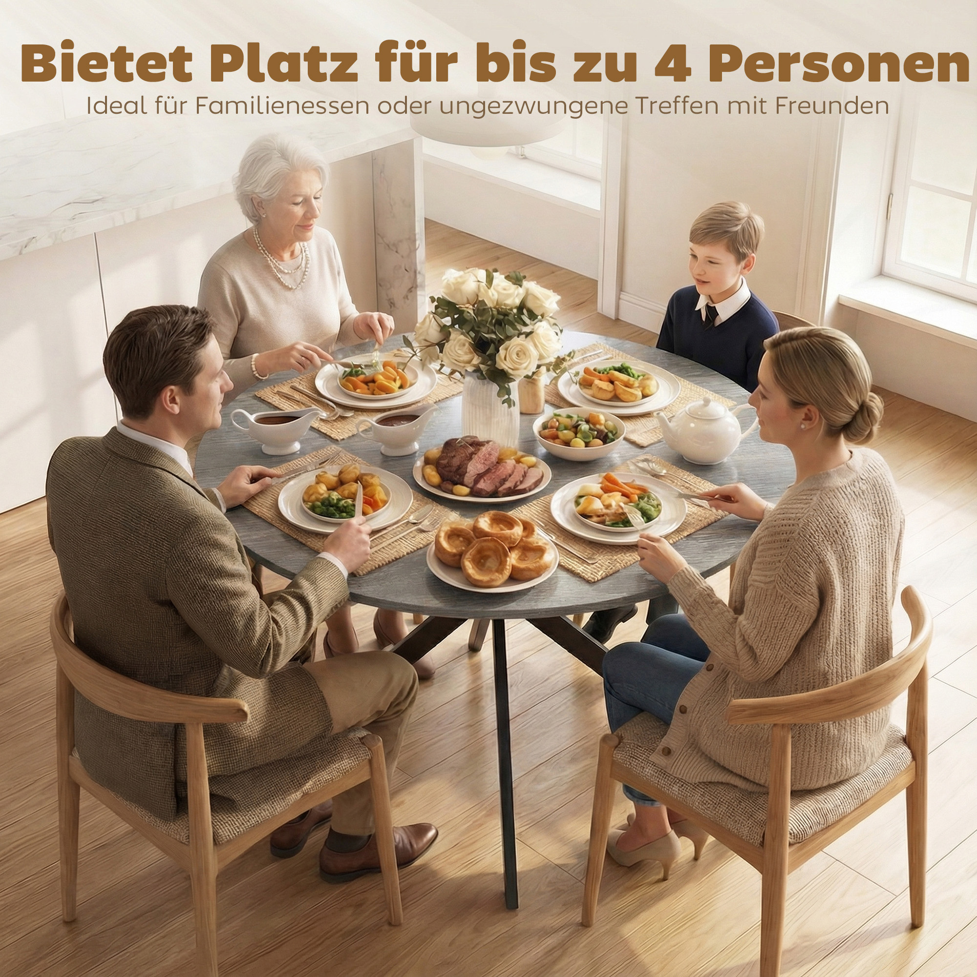 Runder Esstisch für 4 Personen, Küchentisch im Industriestil mit Stahlbeinen, für Esszimmer, Küche, Grau