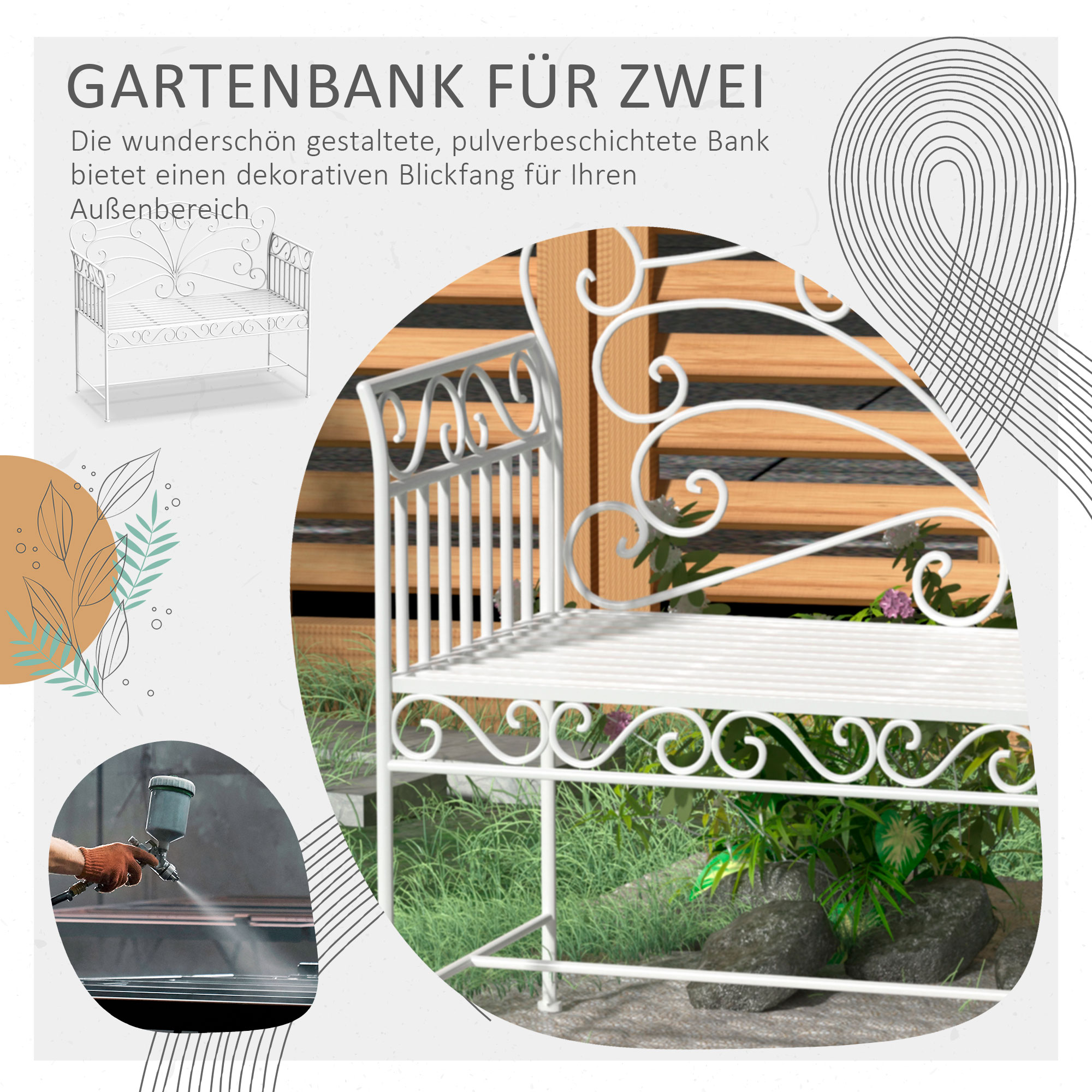 2-Sitzer Gartenbank robust, Parkbank rostfrei Sitzbank Bank Gartenmöbel 111 x 50 x 98cm, Weiß