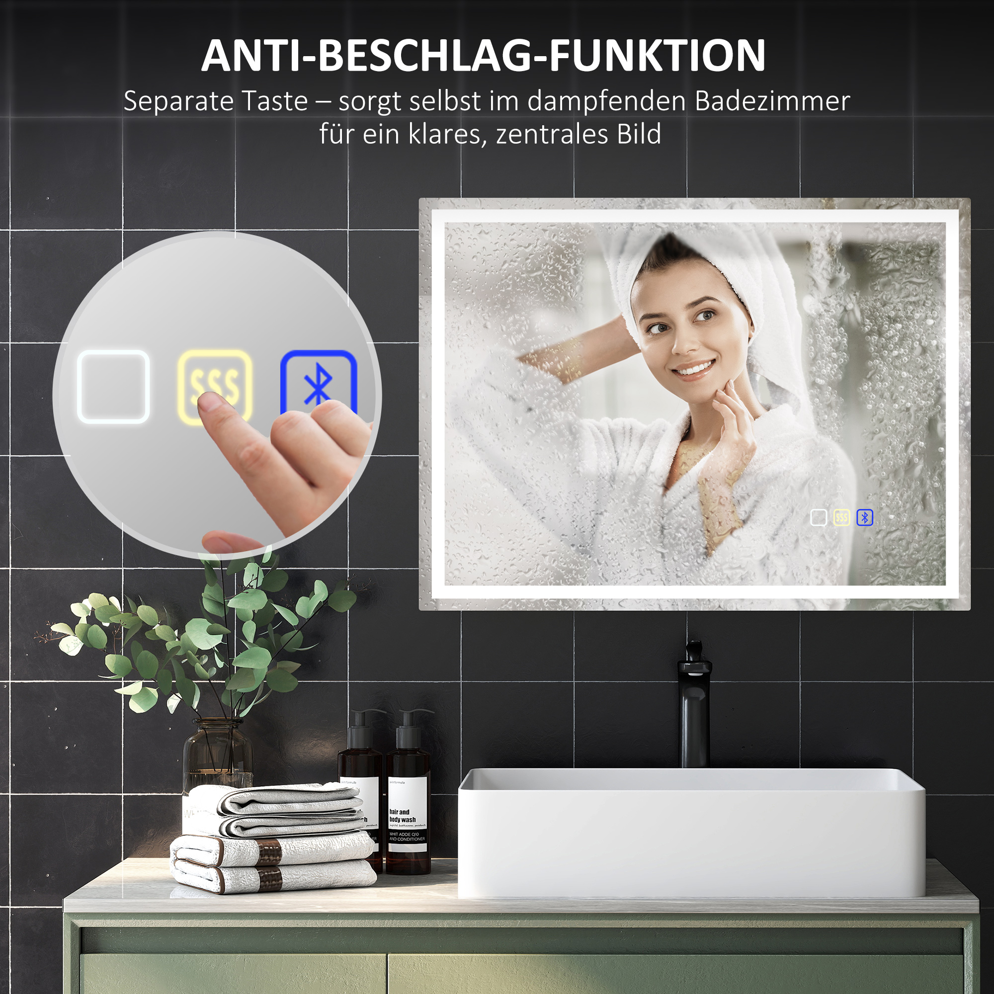 Badezimmerspiegel mit LED-Beleuchtung, Anti-Beschlags-Pad, 3 verstellbare Farben, Uhr, 600 x 800 mm, Silberfarben