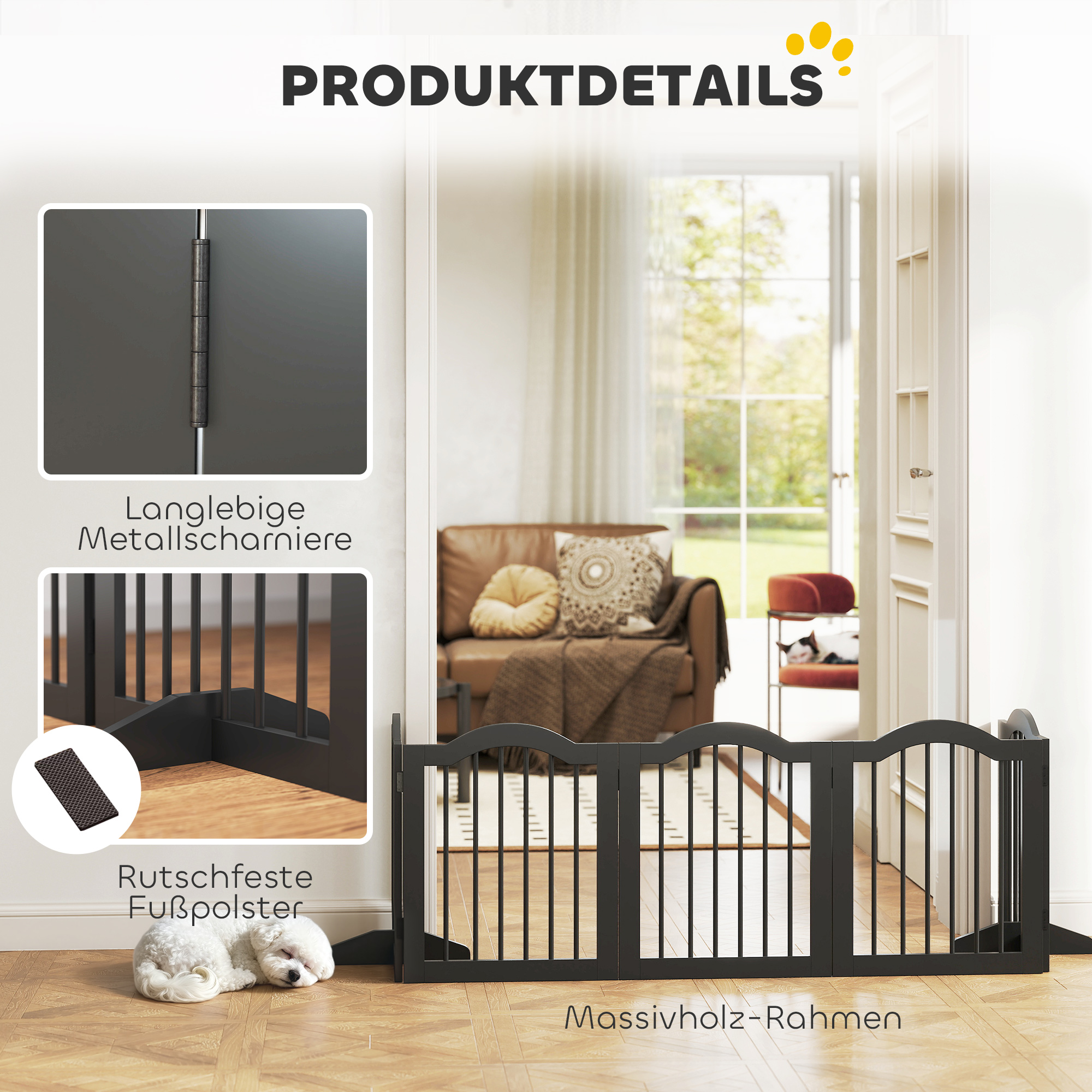 Absperrgitter Hund Freistehendes Schutzgitter mit Füßen, Klappbar Hundegitter, 5 Paneelen, 261,5 x 29,5 x 61 cm, Schwarz