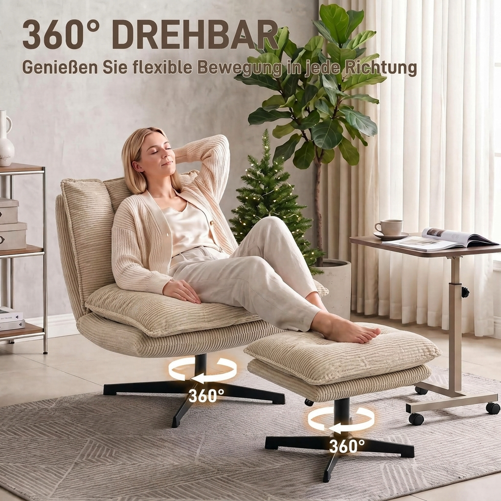 Loungesessel mit Hocker, 360° drehbar, Cordbezug, höhenverstellbare Fußstütze, Beige