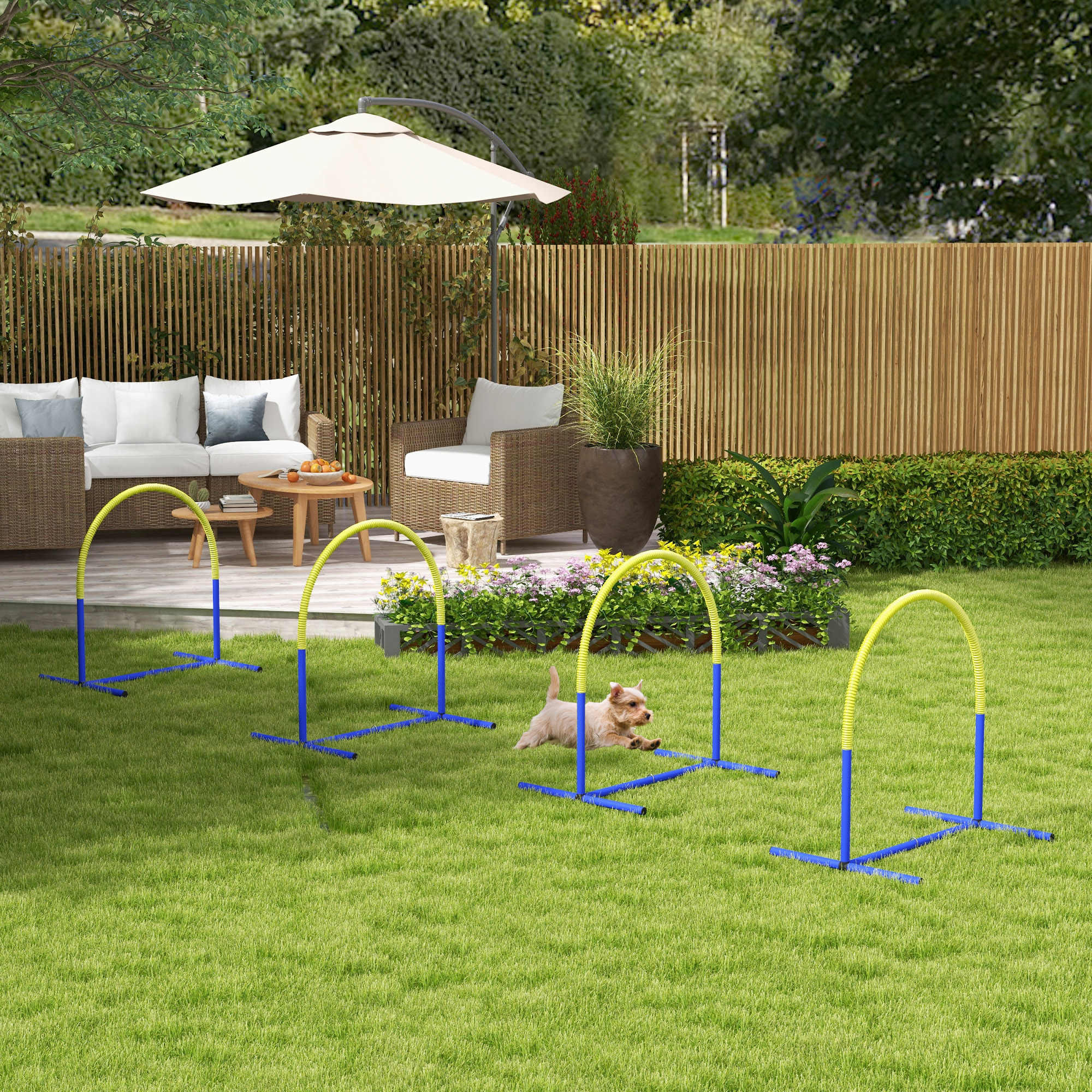 Agility-Set für Hunde, Hundetraining, 4 Bögen, für Einsteiger, mit Tragetasche, blau+gelb, 88 x 64 x 95cm