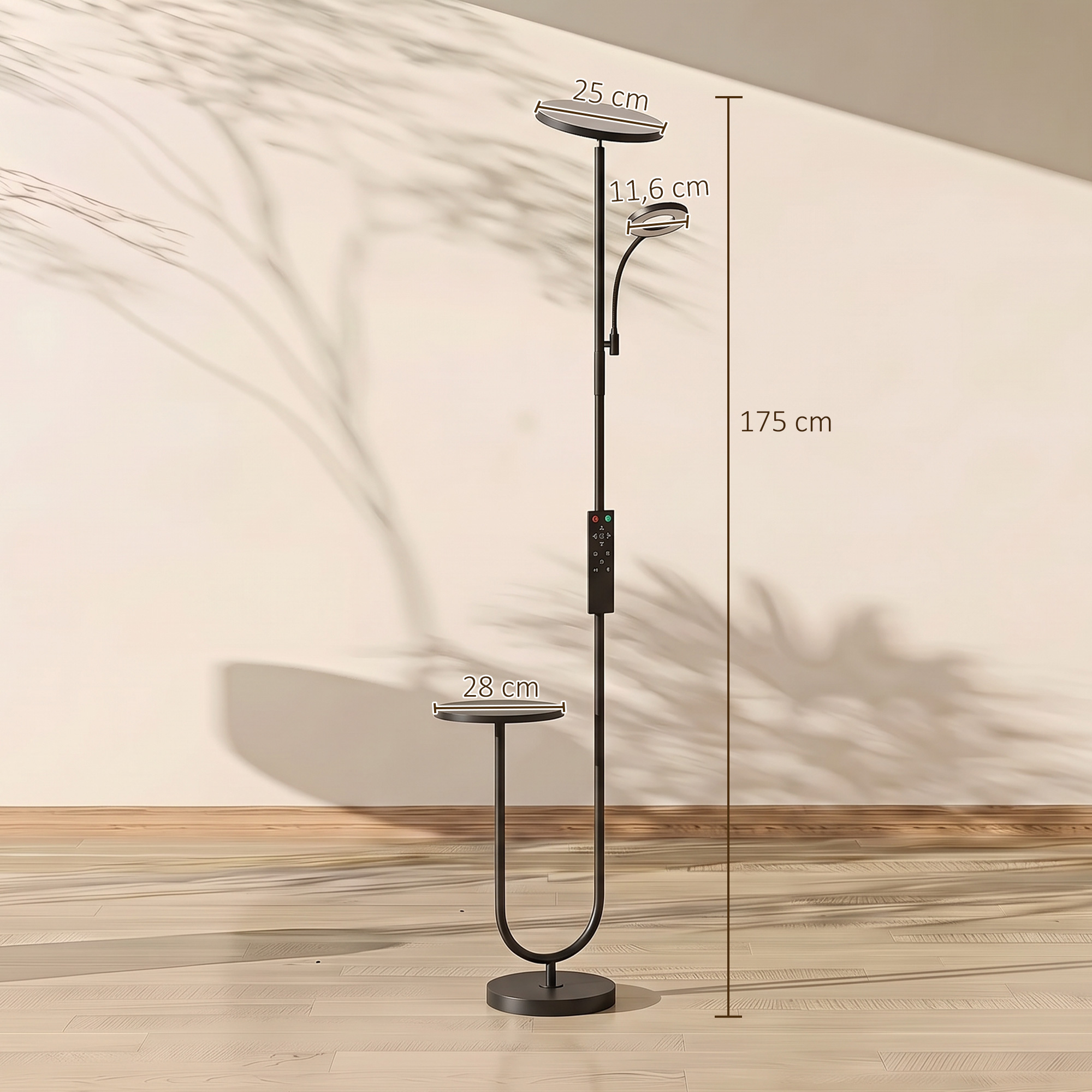 LED-Deckenfluter mit Ablagetisch und Leselampe, dimmbare Stehlampe mit Fernbedienung, 4 Farbtemperaturen