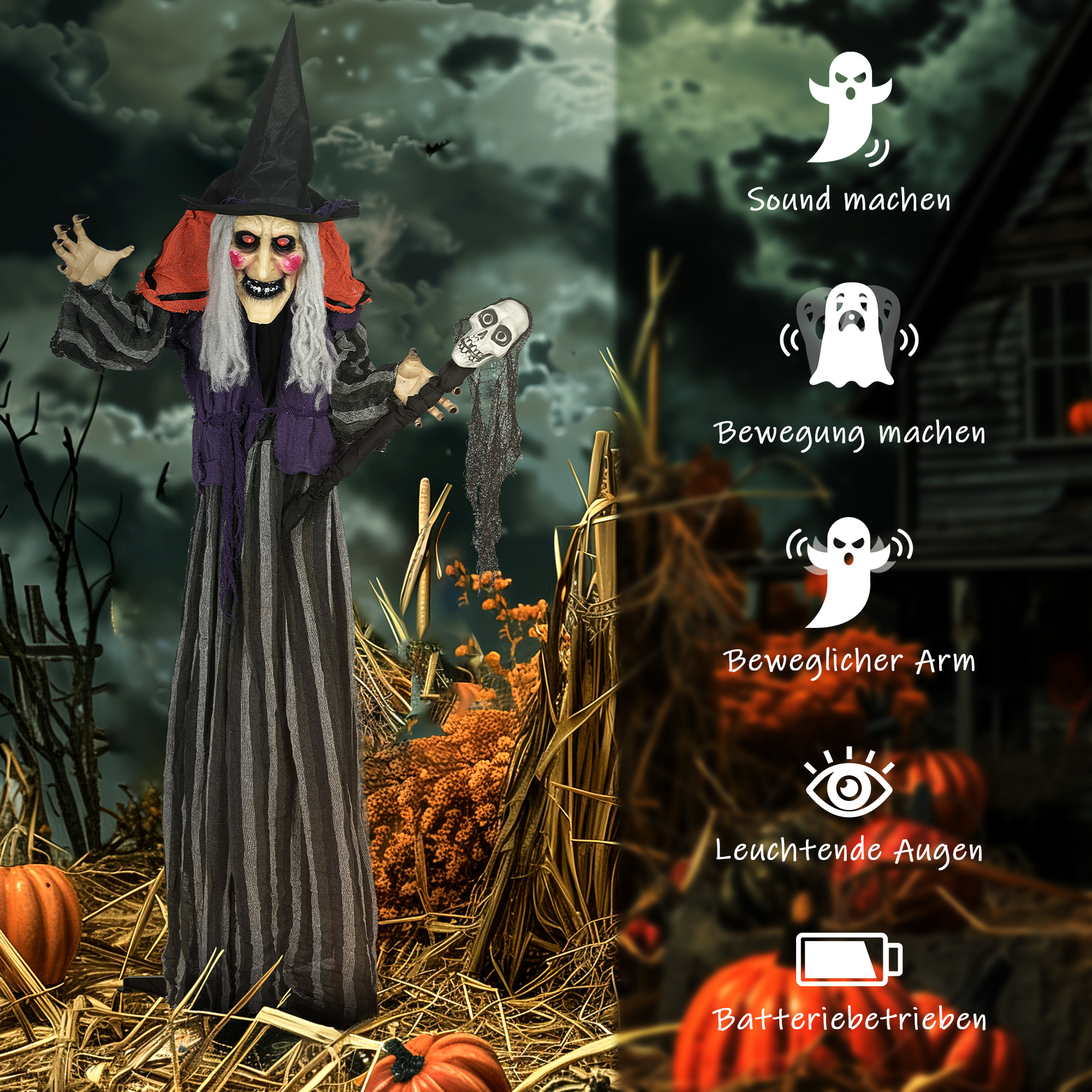 160 cm Halloween Dekoration Halloween Hexe mit LED-Lichter, Soundfunktion verstellbare Arme, Körper