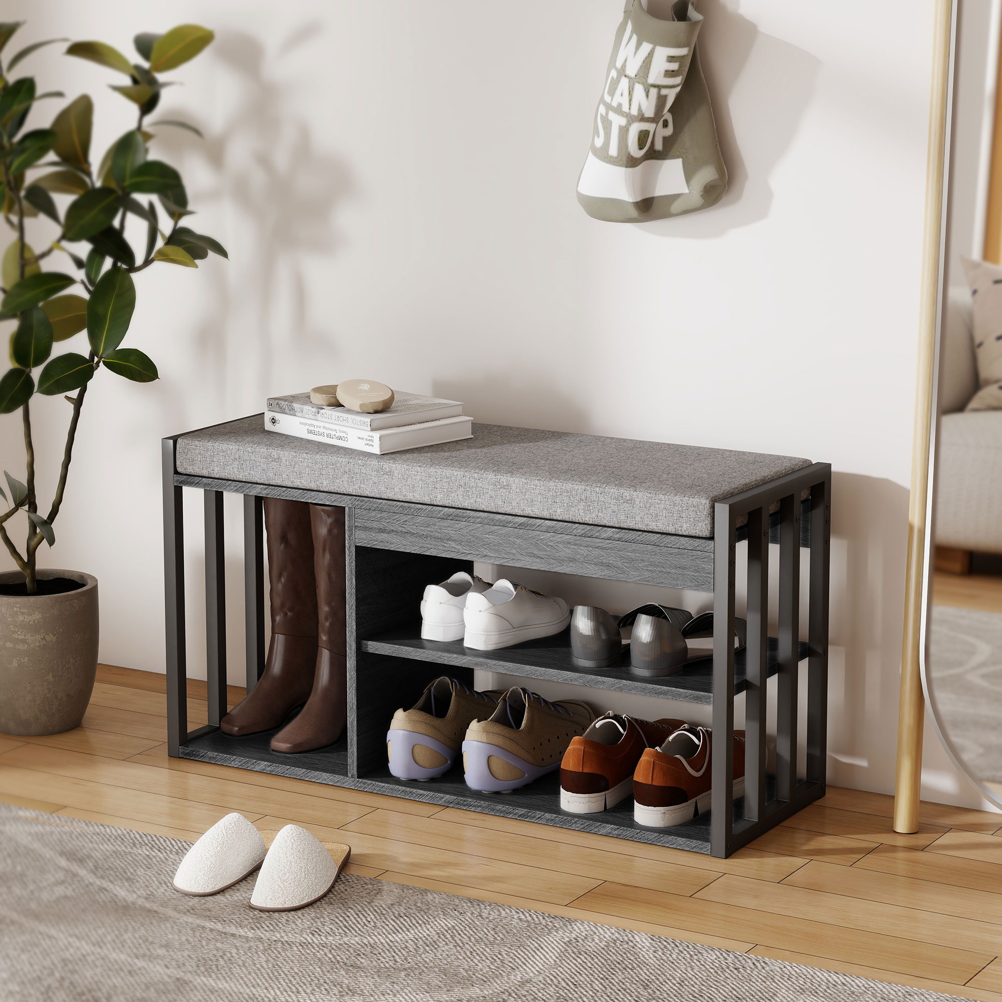 Schuhregal mit Sitzbank, Flurregal für Schuhe, Schuhschrank mit 3-stufigem Design, für Flur, Eingangsbereich, Wohnzimmer, Schlafzimmer, Grau