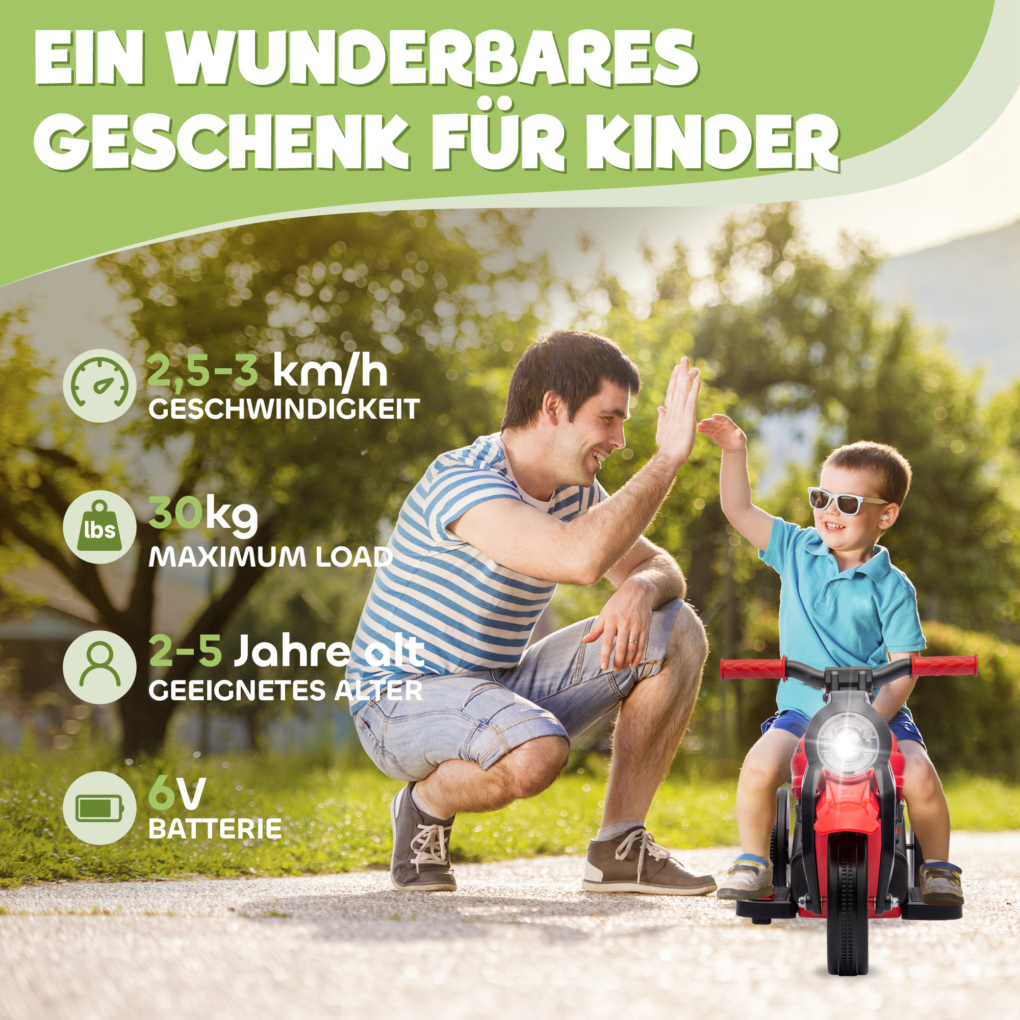 Kinder Elektro-Motorrad, 6V Kindermotorrad mit Musik, Blasen 2,5-3 km/h, für 2-5 Jahre Kinder