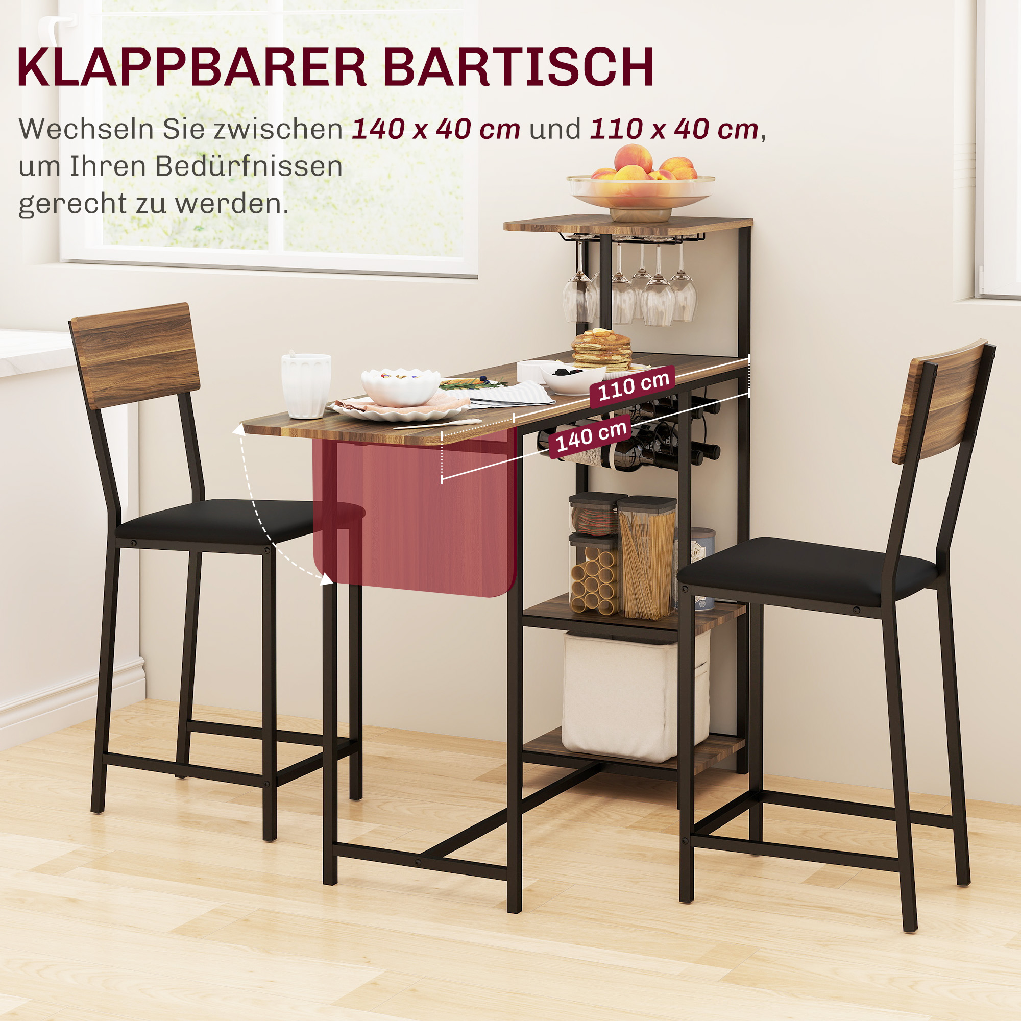 3-teiliges Bartisch-Set, 1 Bartisch, 2 Stühle, mit Weinregal, Glashalter, Offene Regale, Fußstützen, Braun