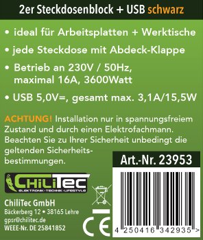 2-fach Steckdosenblock, USB-A+C, schwarz / 250V~/ 16A, USB 3,1A, PD, mit Klappen