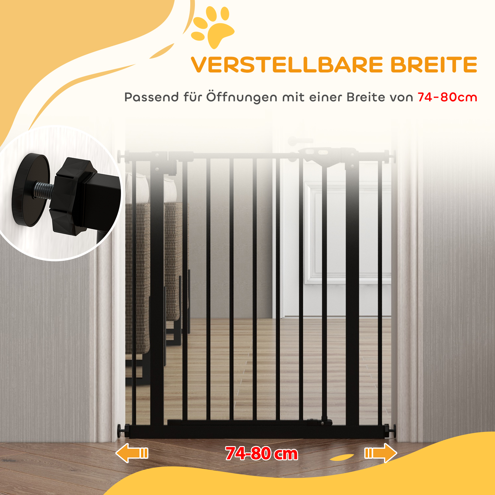 Türschutzgitter für Hunde, Absperrgitter, Schutzgitter für Haustiere, Metall, Kunststoff, 74-80 cm, Schwarz