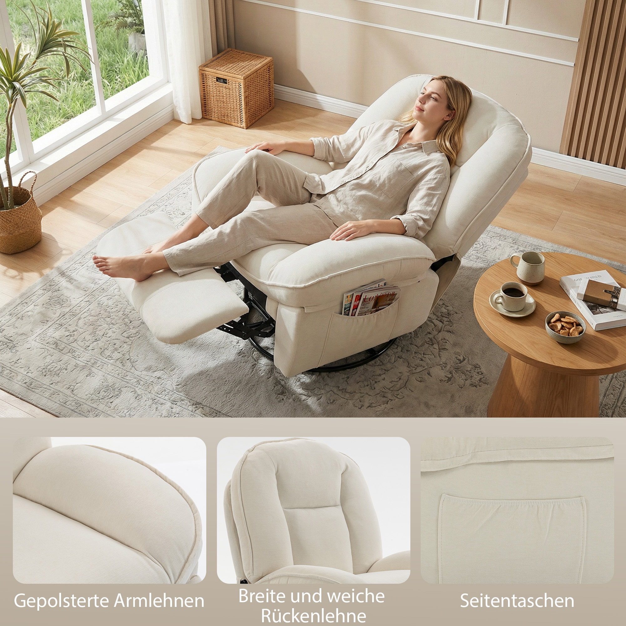 Relaxsessel, Drehbarer Schaukel- und Liegestuhl mit Tiefer Sitzfläche, Dickem Rückenpolster, Einfacher Montage, Creme