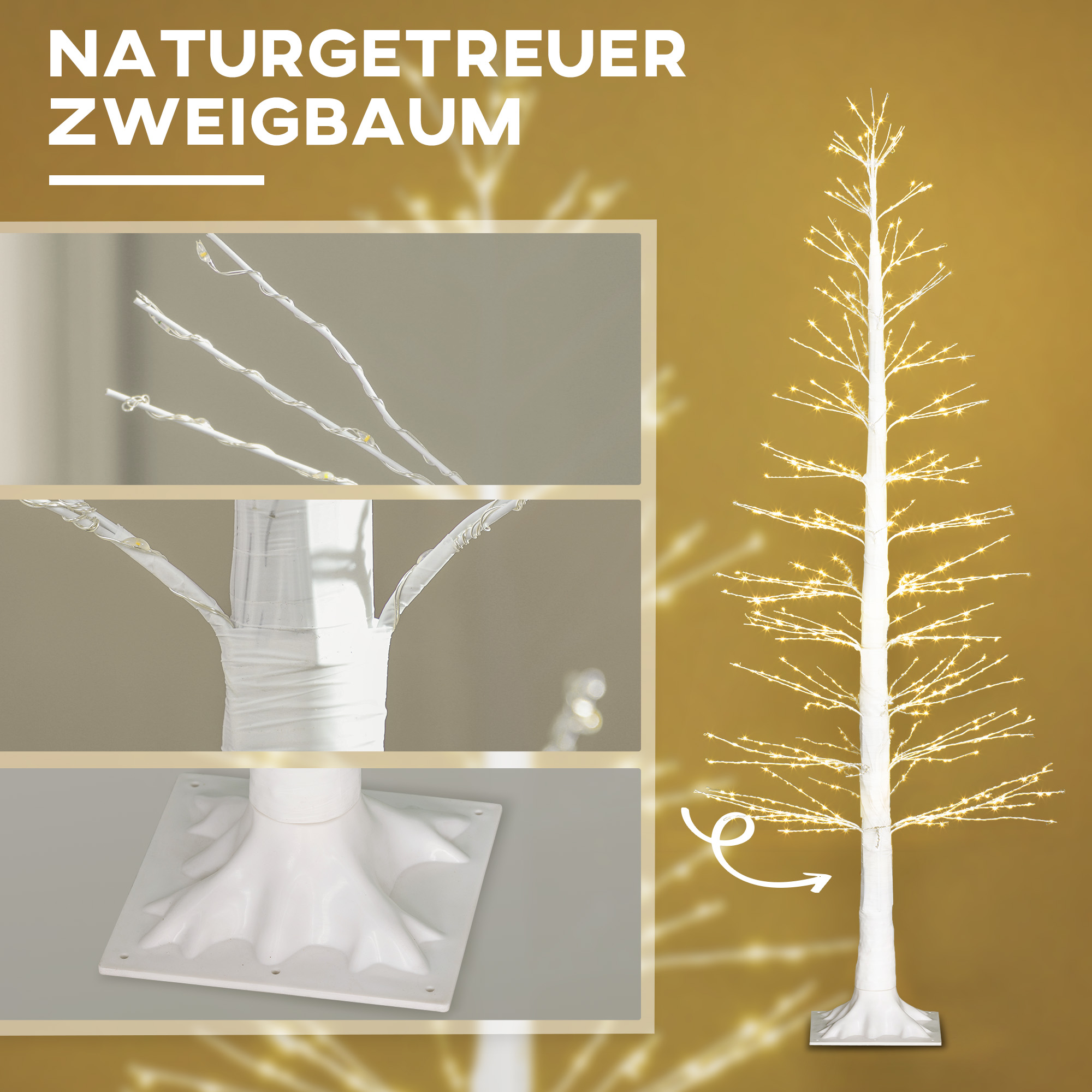 Kunsttanne mit LED-Beleuchtung, 180 cm hoher Weihnachtsbaum, realistische Rinde, Weiß