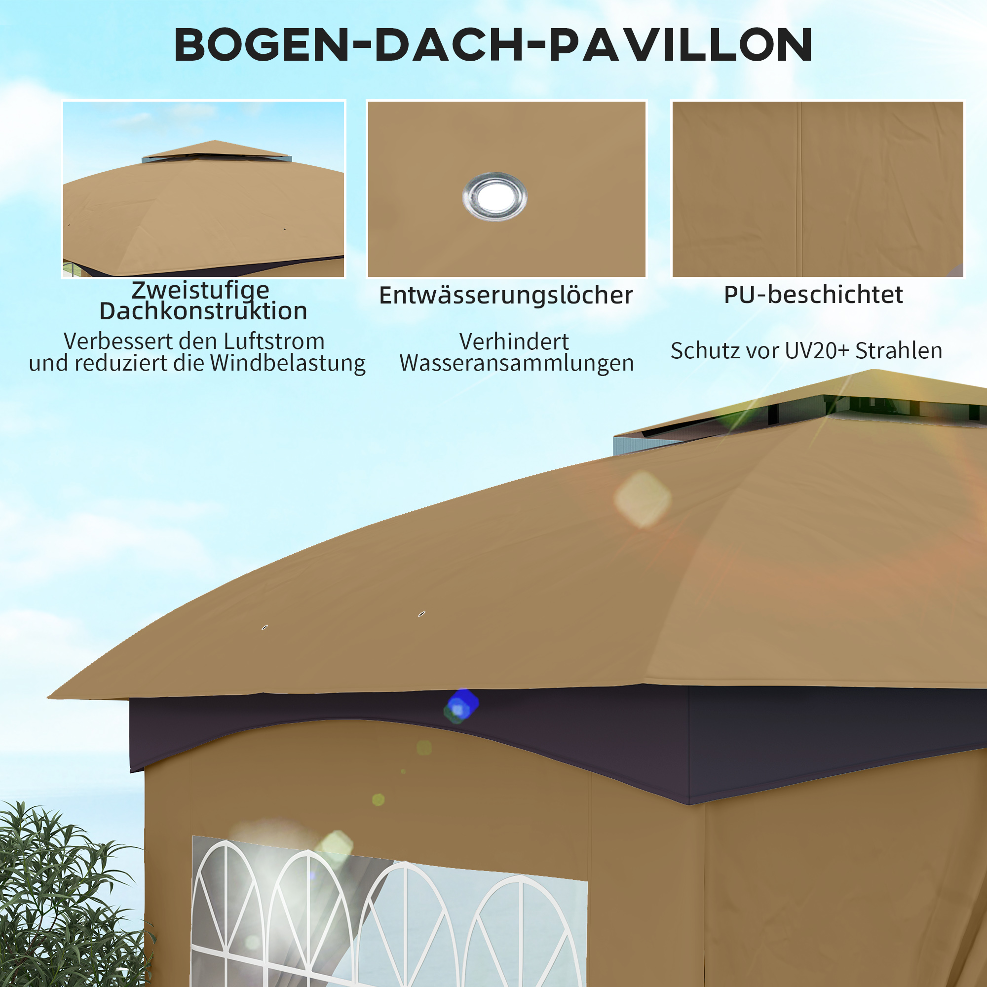 3,4 x 3,4 m Gartenpavillon, Bierzelt mit Lüftungsdach, Bogenfenstern, Stahlgestell, Beige