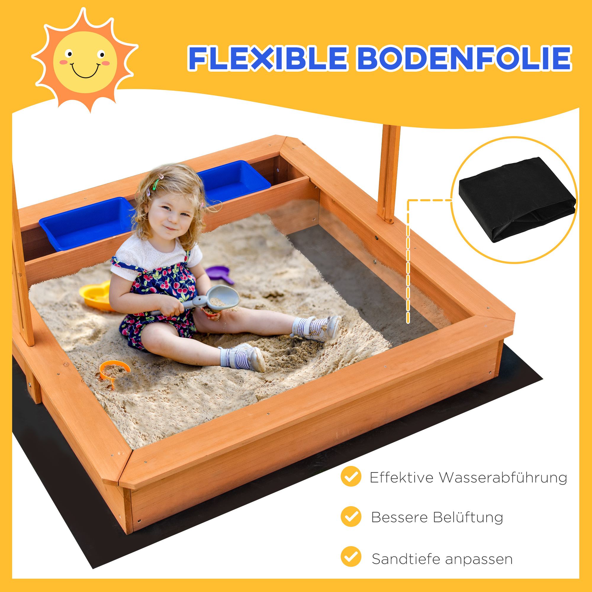 Sandkasten 107,5 x 107,5 cm Kinder Sandbox mit höhenverstellbar Abdeckung, Sandkiste aus Holz für Kinder 3-7 Jahre für Outdoor Garten Terrasse Balkon