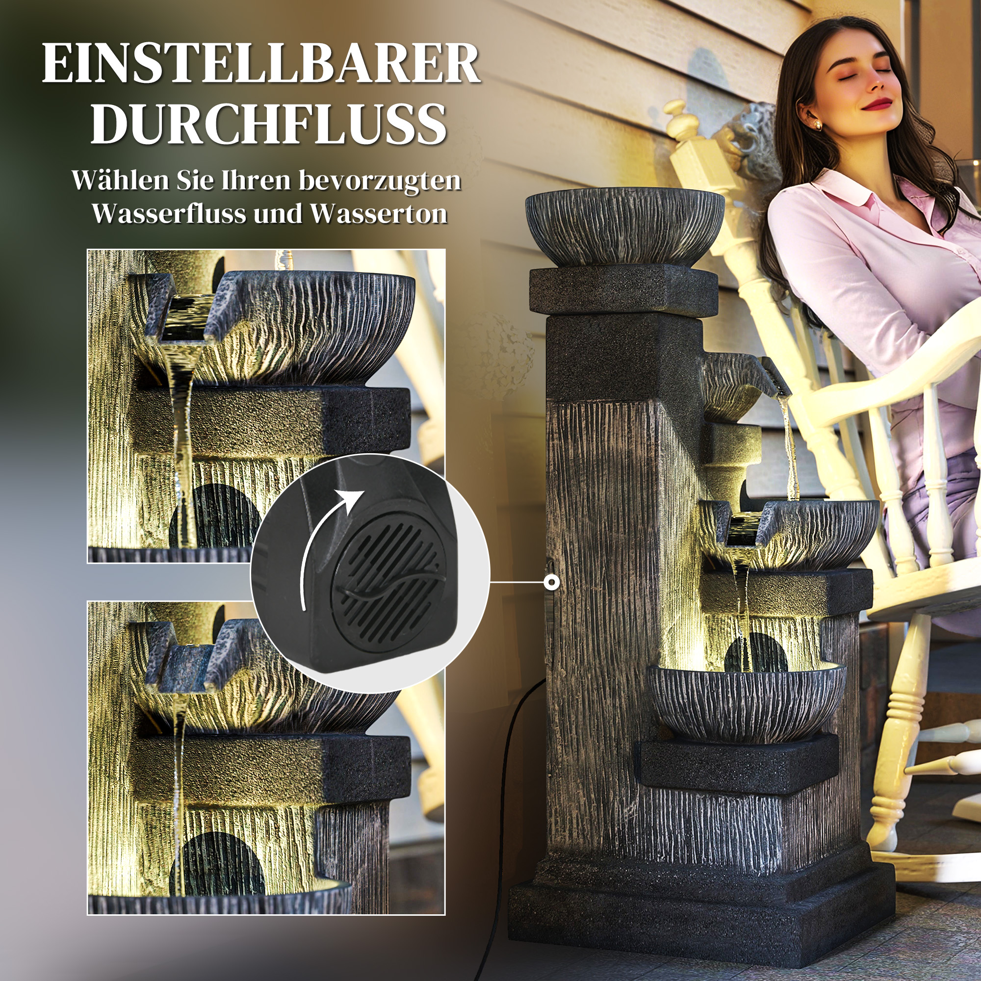 85 cm Outdoor-Brunnen, 4-stufiger Zierbrunnen, künstlicher Wasserfall mit LED-Beleuchtung und Pumpe, Grau