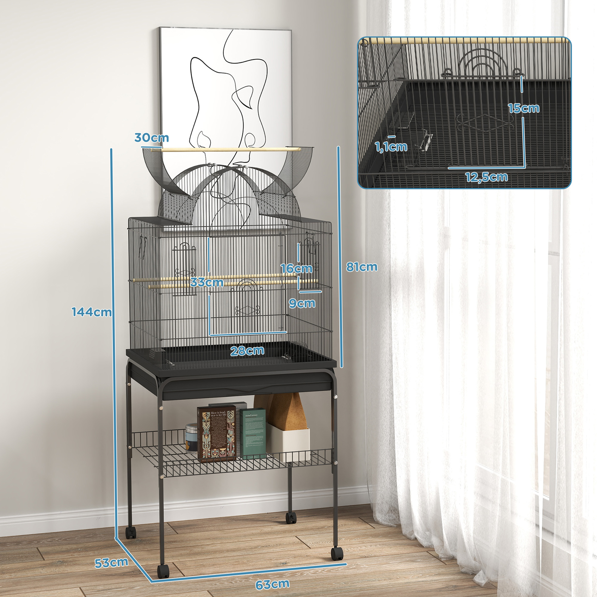 Vogelkäfig für Kanarienvögel & Wellensittiche, mobil, mit Bodenfach, Metallgitter, Schwarz