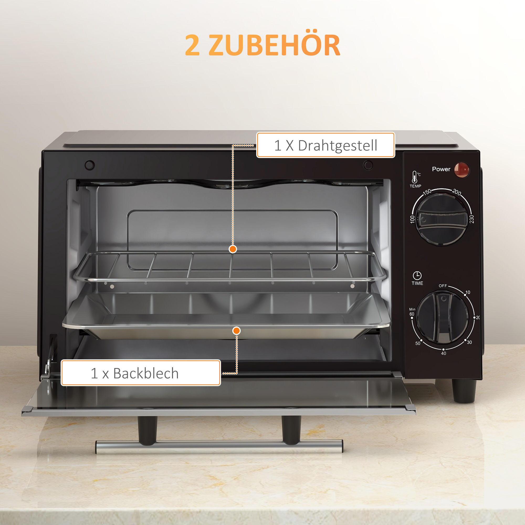 Mini-Backofen, 9 Liter Fassungsvermögen, Einstellbare Temperatur und Garzeit, mit Grillrost und Backblech, Schwarz