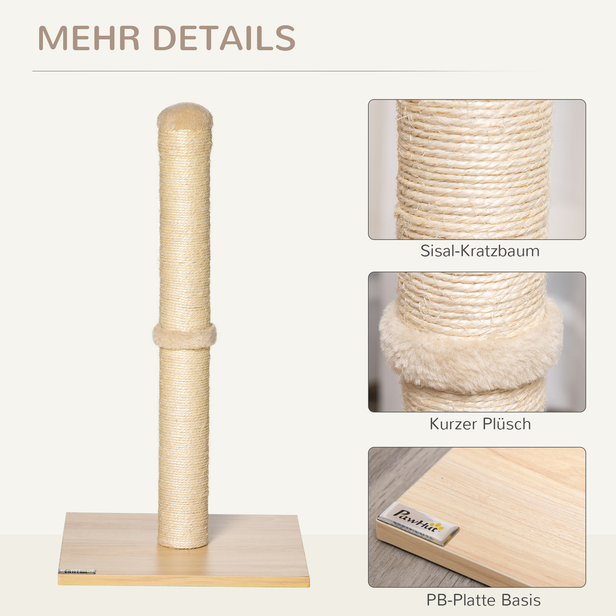 Kratzstamm für Katzen Kratzsäule aus Sisal stabiler Kratzbaum Kratz Spielzeug Katze mit Ball 60 cm Spanplatte Sisal Beige+Eiche 34 x 34 x 60 cm