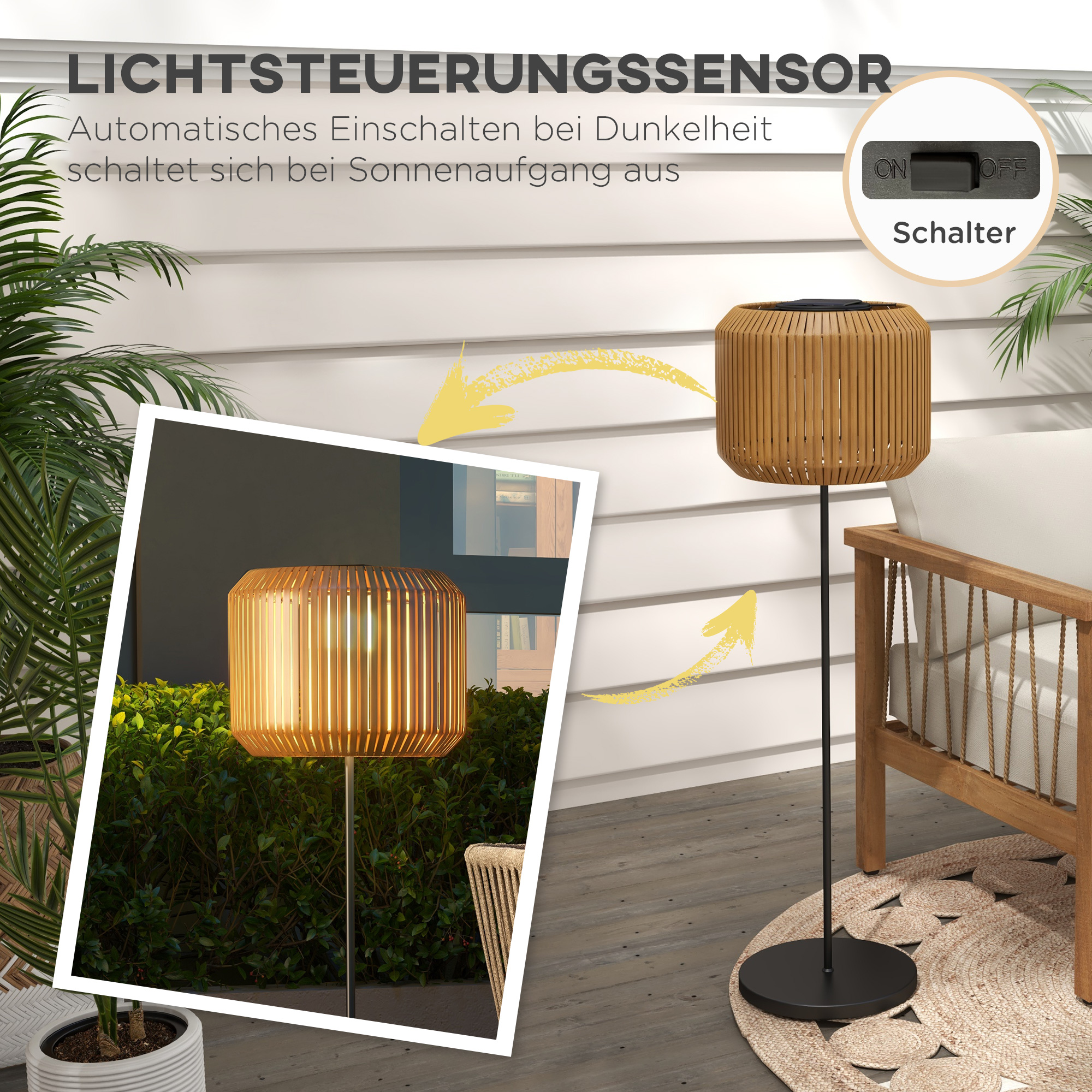 Rattan Außenleuchte, Solar Gartenlampe, Einschaltautomatik, LED, wetterfest, Metallrahmen, Ø34 x 130cm, Schwarz/Gelb