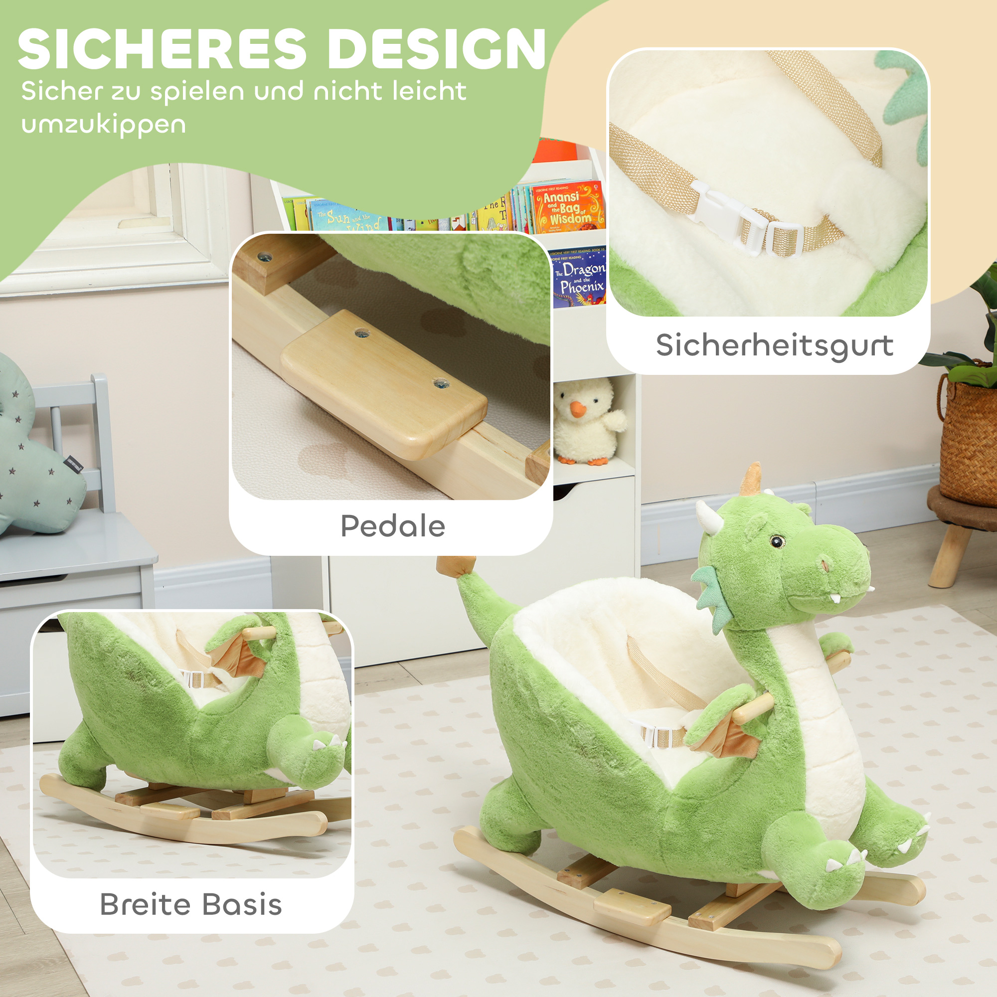Schaukeltier, Dinosaurier-Schaukel, interaktive Tiergeräusche, weiche Füllung, Holzrahmen, 73 x 39 x 66 cm, Grün