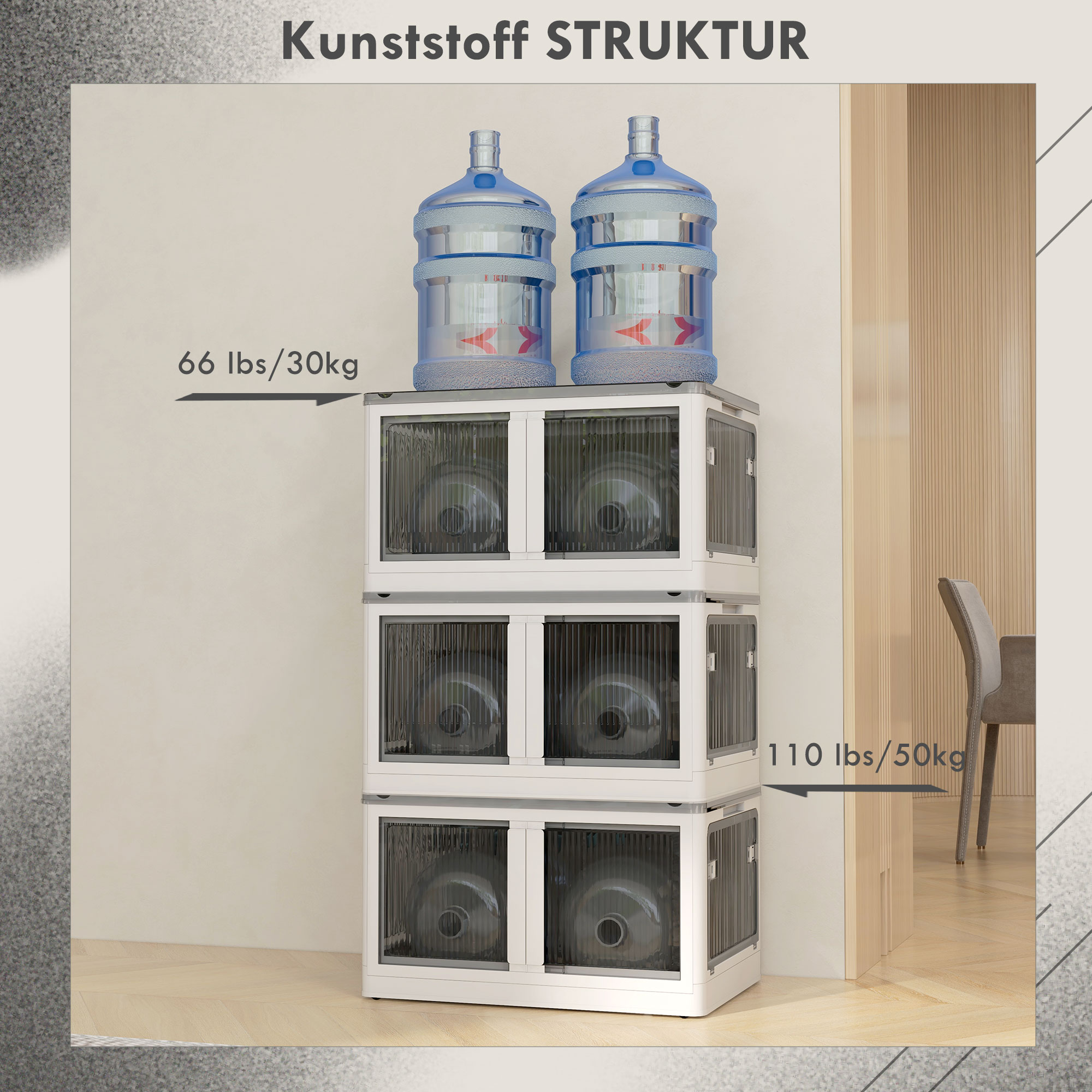Aufbewahrungsbox, 3er-Set, klappbar, mit Rollen, 60 x 42 x 34 cm, Weiß