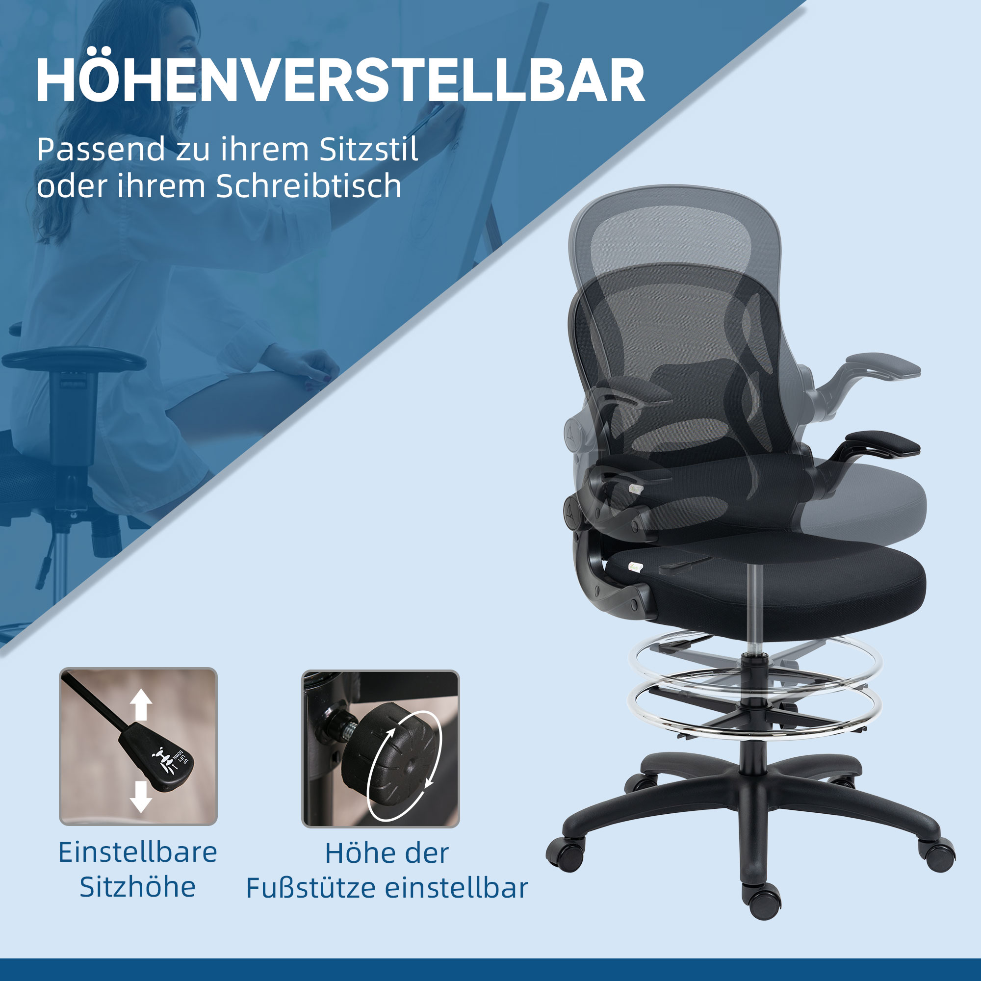 Zeichenstuhl, höhenverstellbarer Bürostuhl, mit Fußstütze, 59 cm x 65 cm x 122 cm, Schwarz
