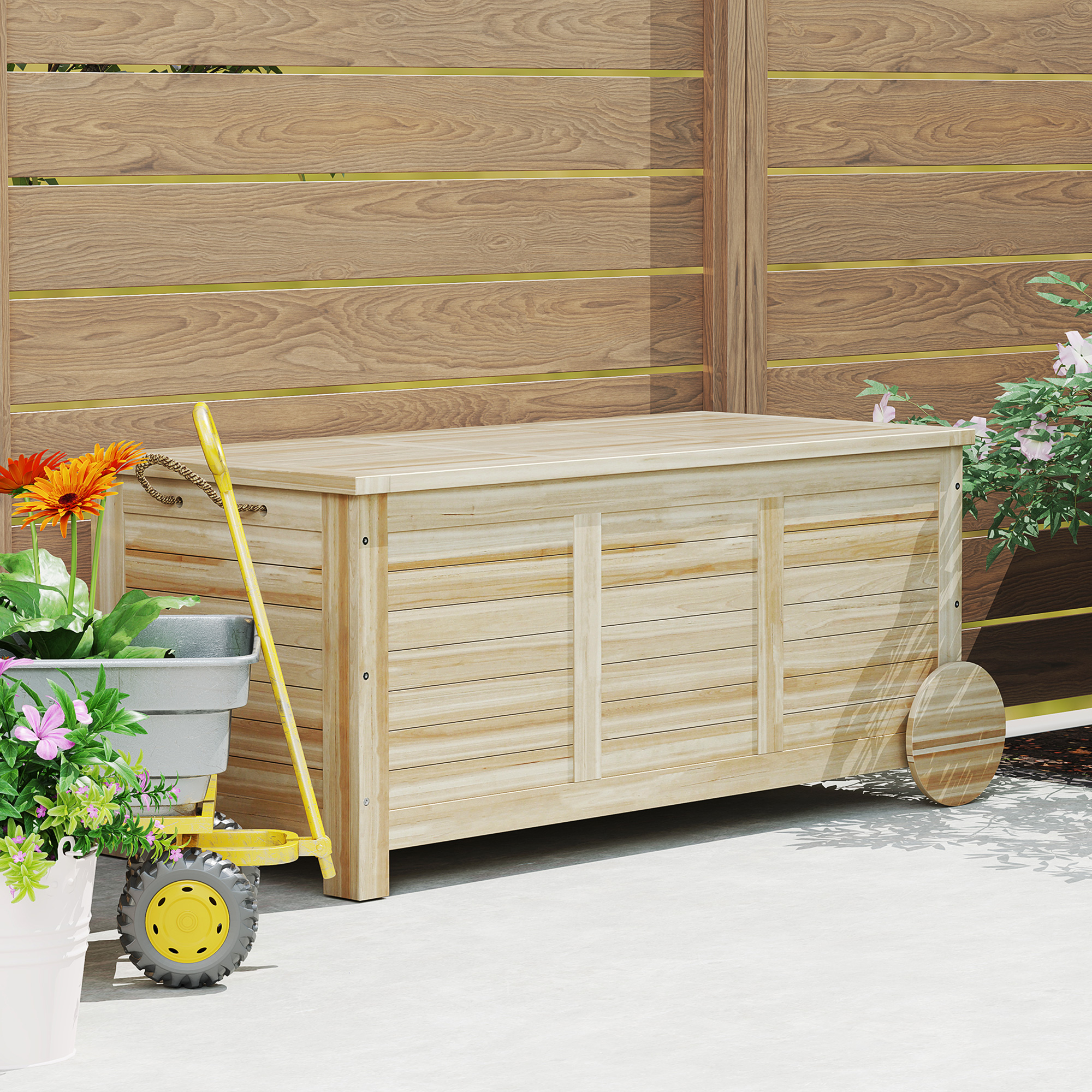 185 L Außenlagerbox, Lagerkiste mit Rädern, wetterbeständig, Tannenholz, 110 x 50 x 50 cm, Hellbraun