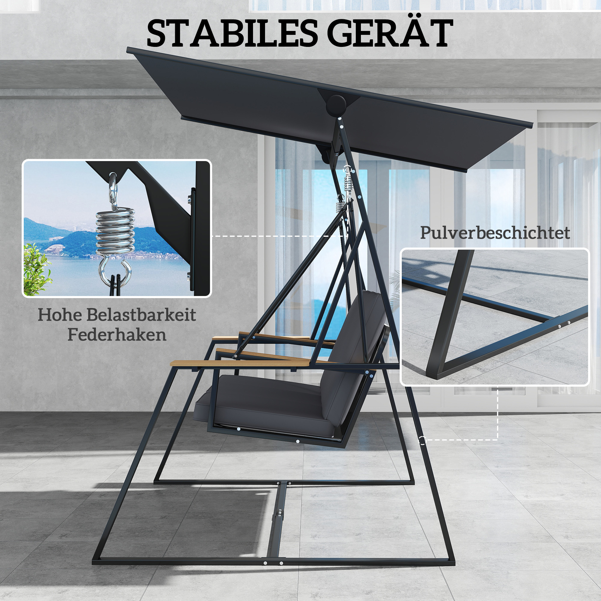 3-Sitzer Gartenschaukel mit verstellbarem Dach, Kissen und Getränkeablagen, 360 kg Tragkraft, Grau