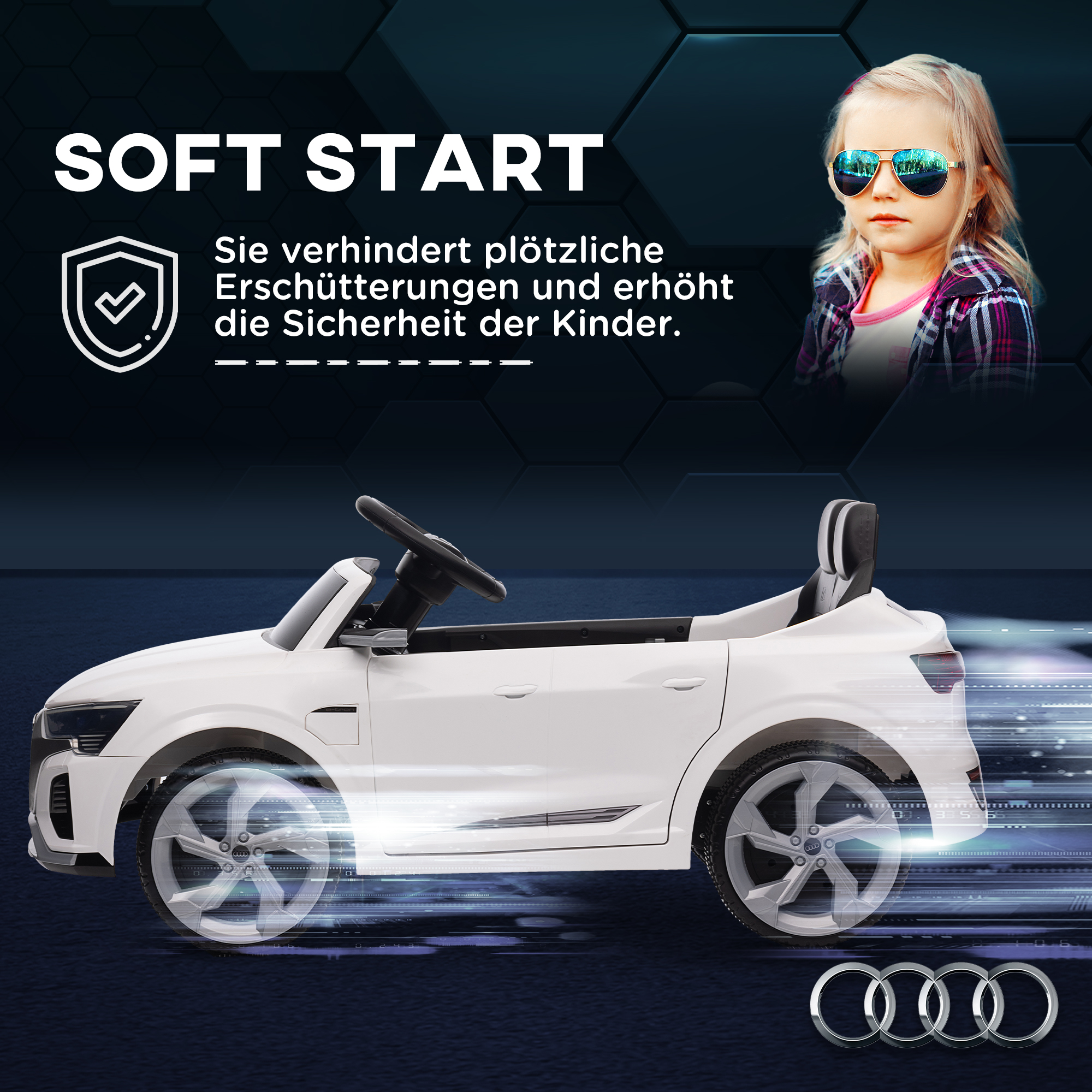 Kinderfahrzeug Audi Q8, 3-5 km/h, Fernsteuerung, Scheinwerfer, Musik, weiß