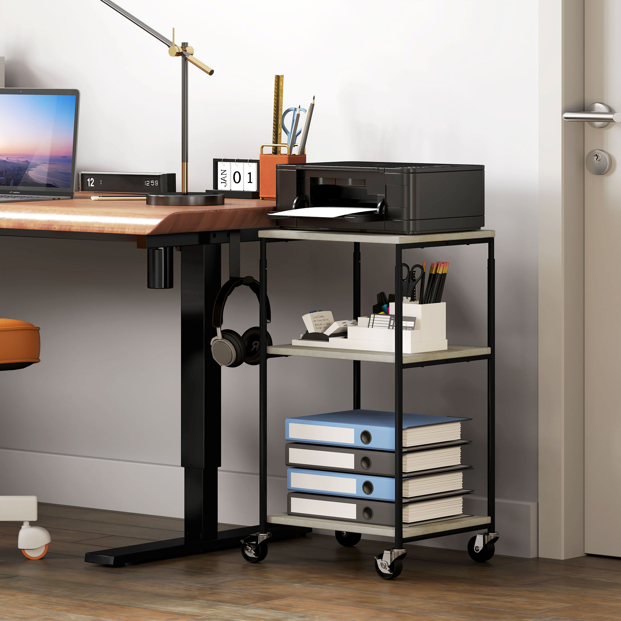 Druckerständer mit 3 Ebenen, höhenverstellbar, Mobiler Druckertisch auf Rollen, für Homeoffice, Metall und Holz