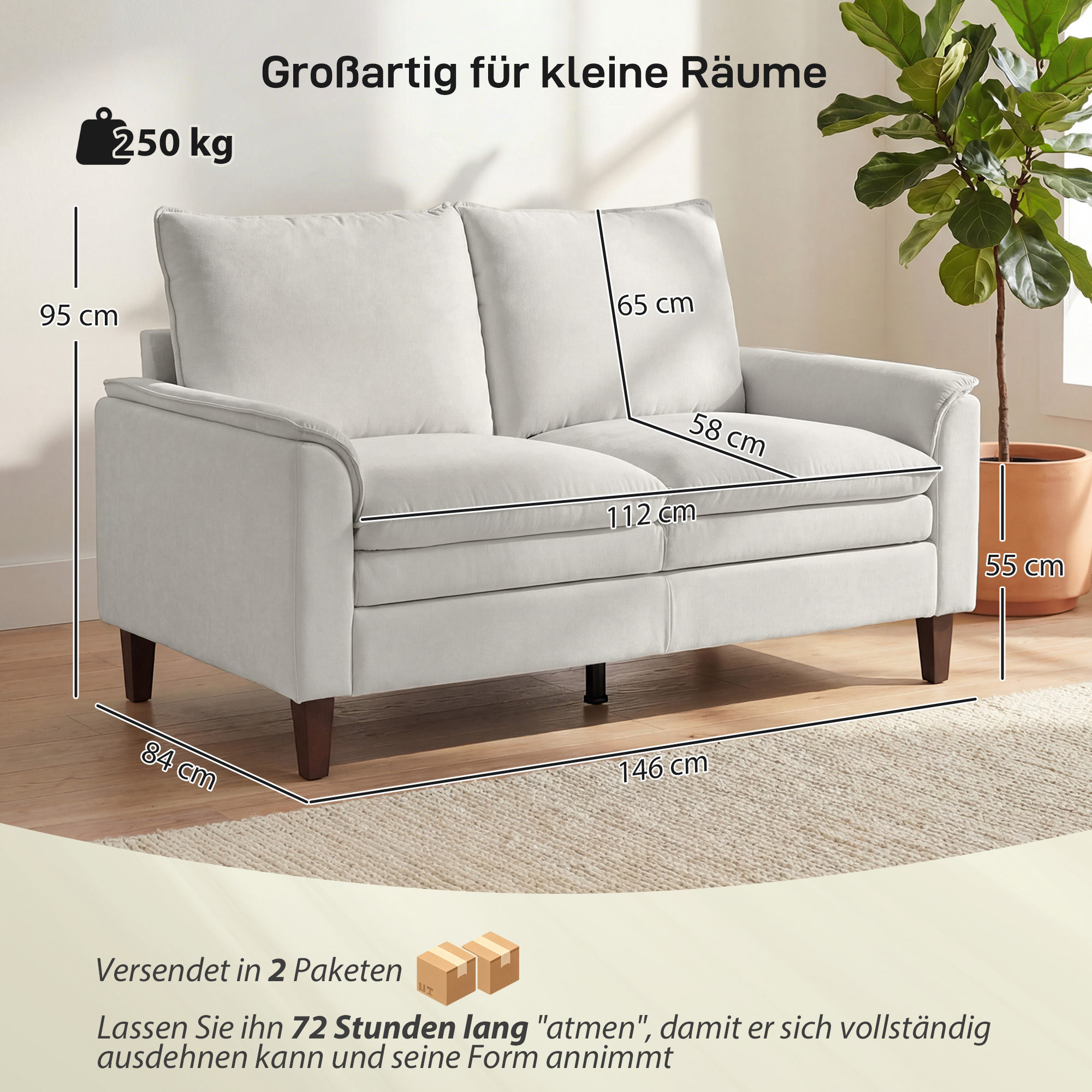 146 cm Zweisitzer Sofa, Chenille-Sofa mit doppellagiger Polsterung, Federkissen, tiefem Sitz, hoher Rückenlehne, Cremeweiß