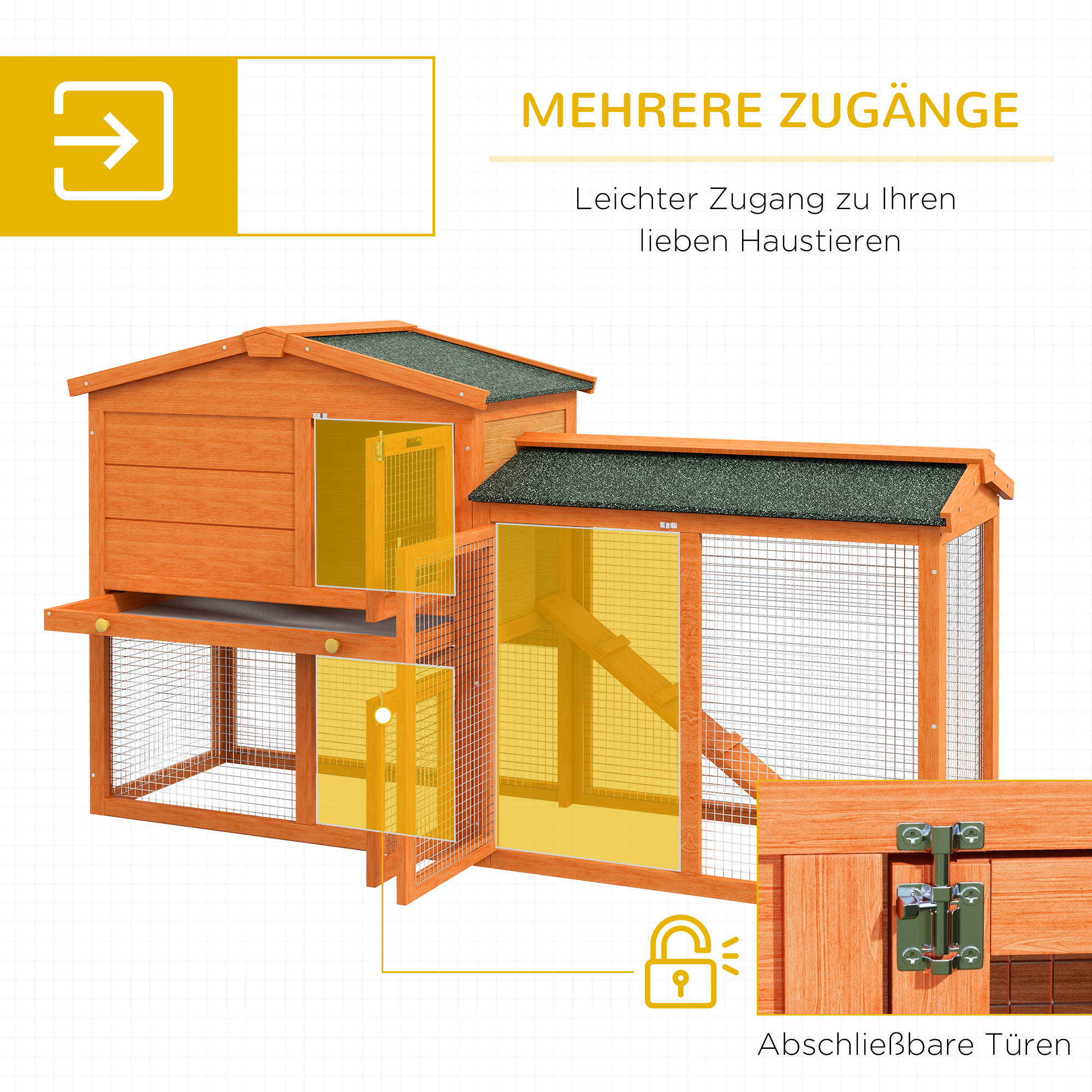 Kleintierstall, Kleintierkäfig, Outdoor-Kaninchenstall, Freilaufgehege, winterfest, Massivholz, 150 x 45 x 85 cm, Orange