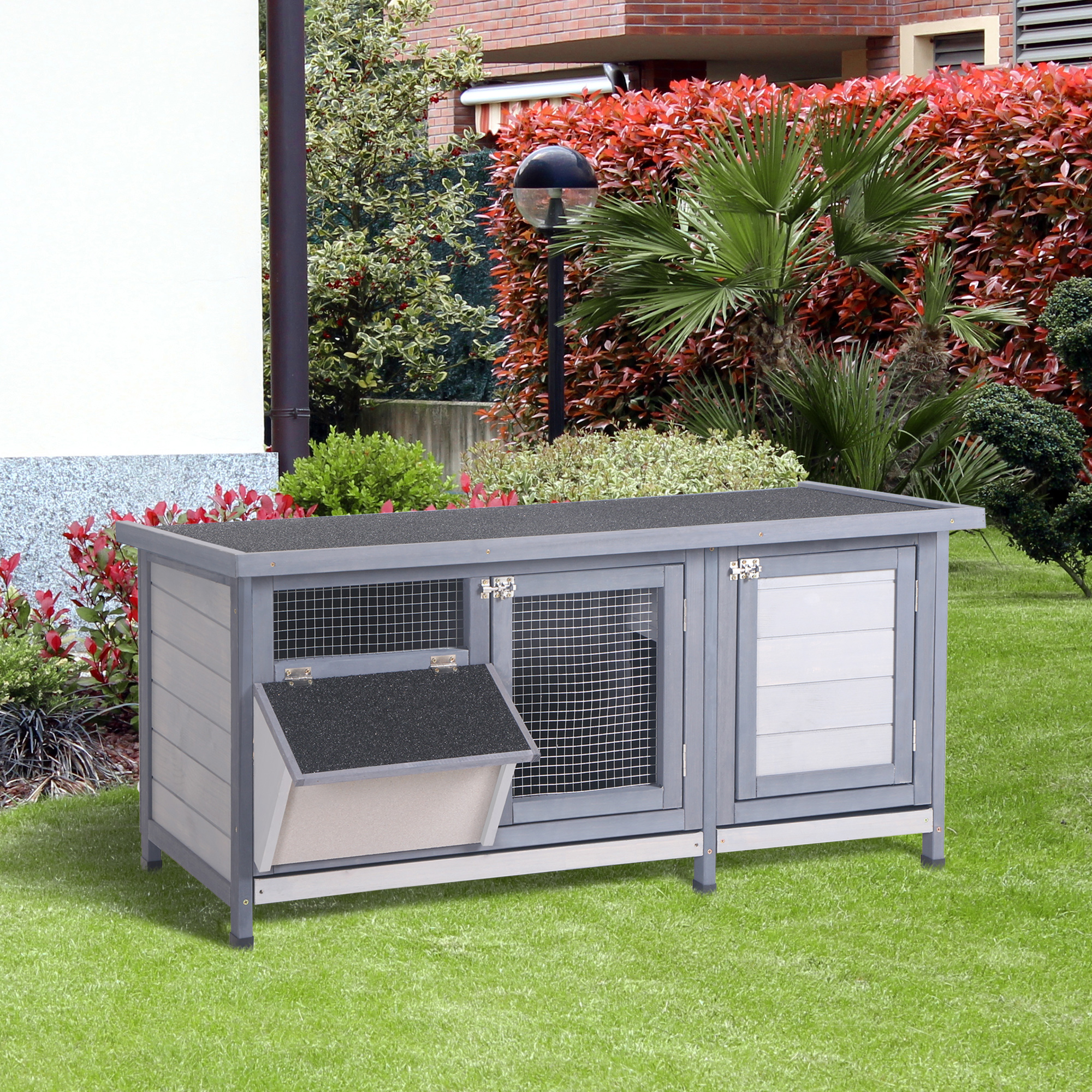 Hasenstall Winterfest Kaninchenstall aus Holz 112x50x54 cm Kaninchenkäfig mit Bitumendach, 2 Türen, Metallgitter, Hasenkäfig für Kaninchen, Meerschweinchen Outdoor Grau+Schwarz