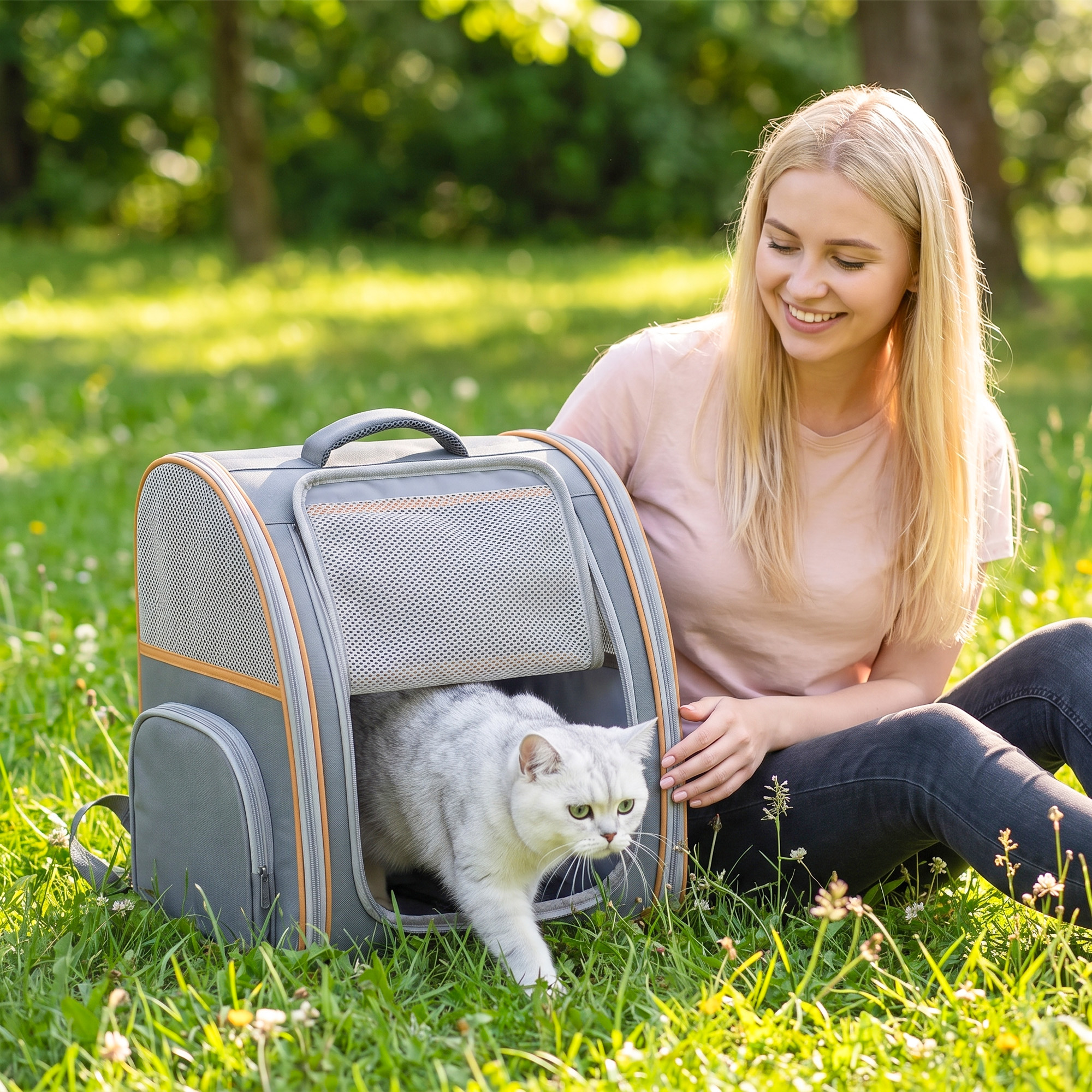 Hunderucksack Klappbar Katzenrucksack mit Netzfenster Seitentaschen herausnehmbare Boden bis 5 kg Grau