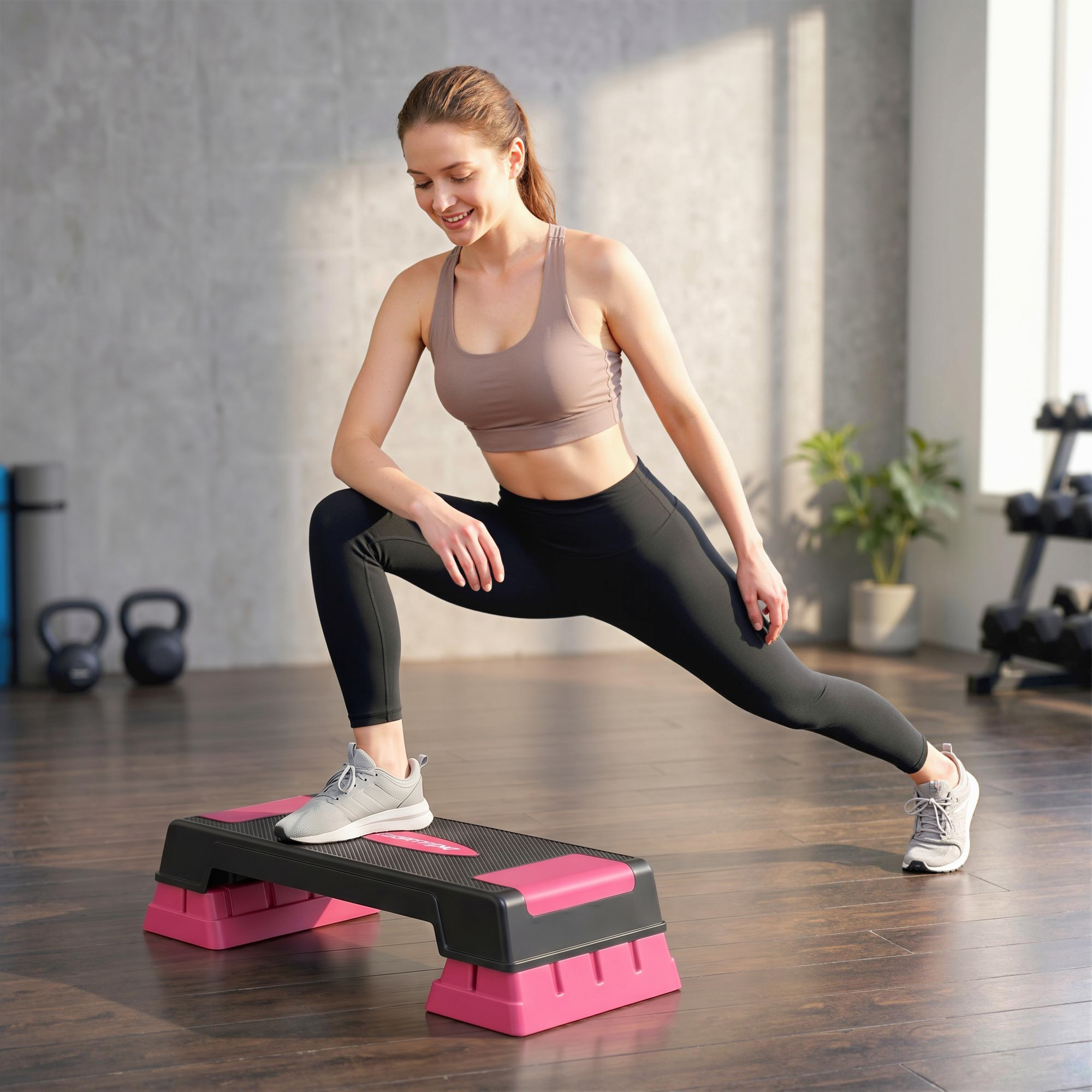 Steppbrett höhenverstellbar Fitness Aerobic Stepper mit 3 Stufen (12/17,5/22,5 cm), Anti-Rutsch-Matte Schwarz+Rosa