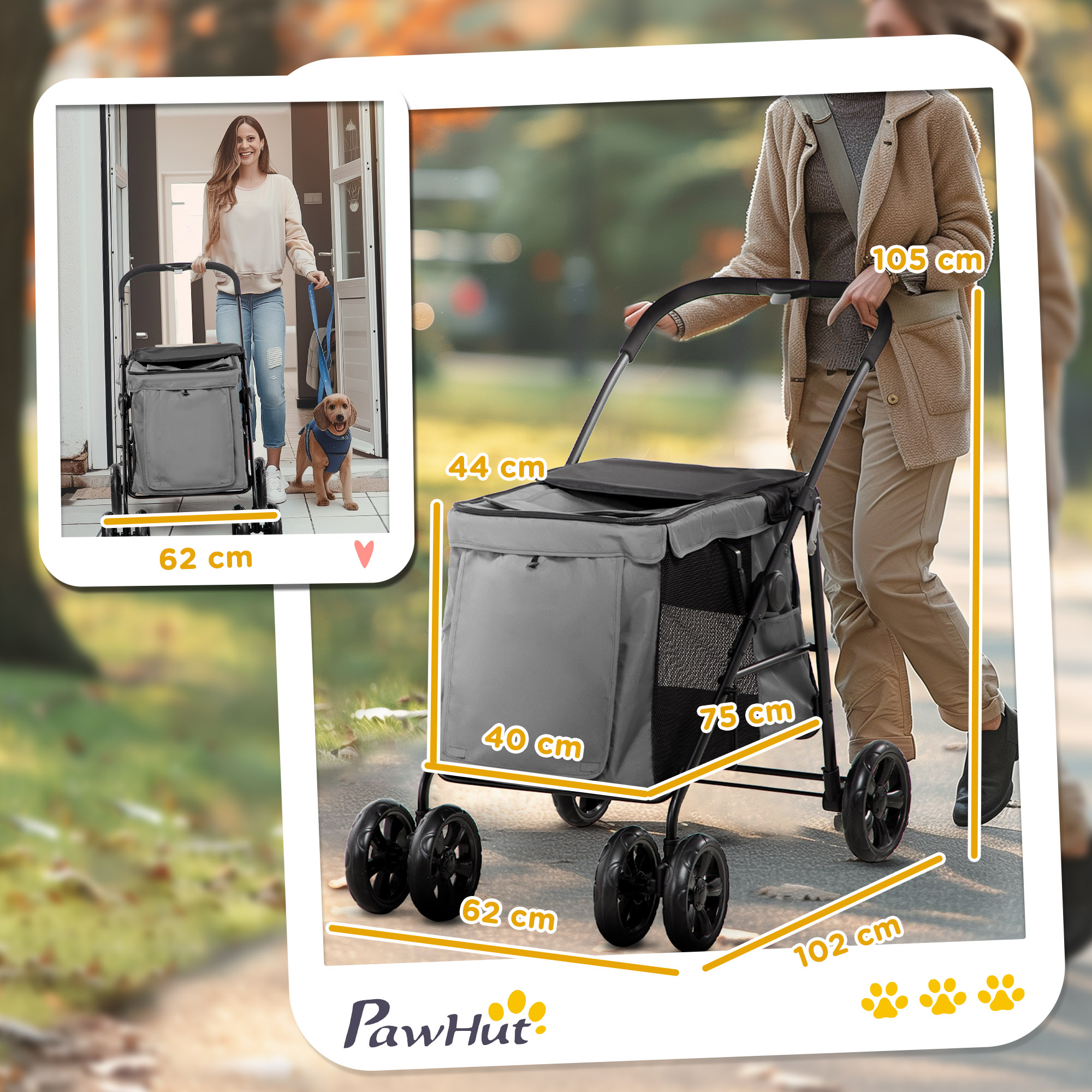 Hundebuggy Hundewagen bis 20 kg Klappbar 3 Seitentasche 102 cm x 62 cm x 105 cm Grau