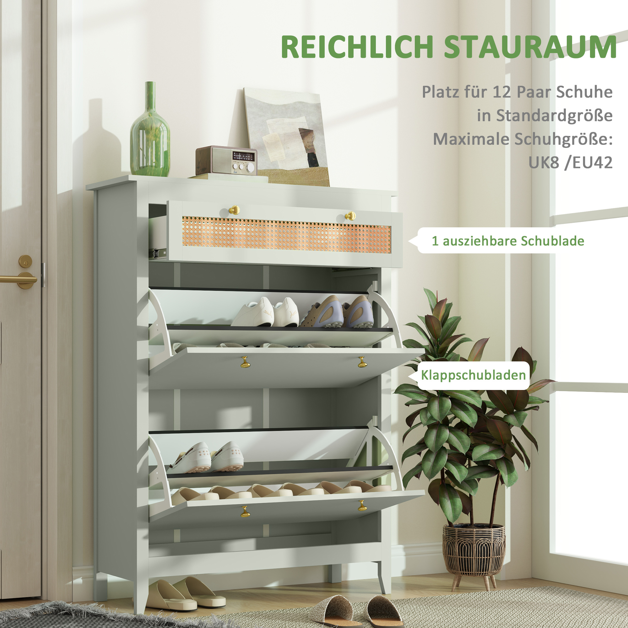 Schuhschrank für 12 Paar Schuhe, mit 1 ausziehbaren Schublade, 2 Flip-Schubladen, Schuhkommode, 88 x 30 x 120 cm, Grün