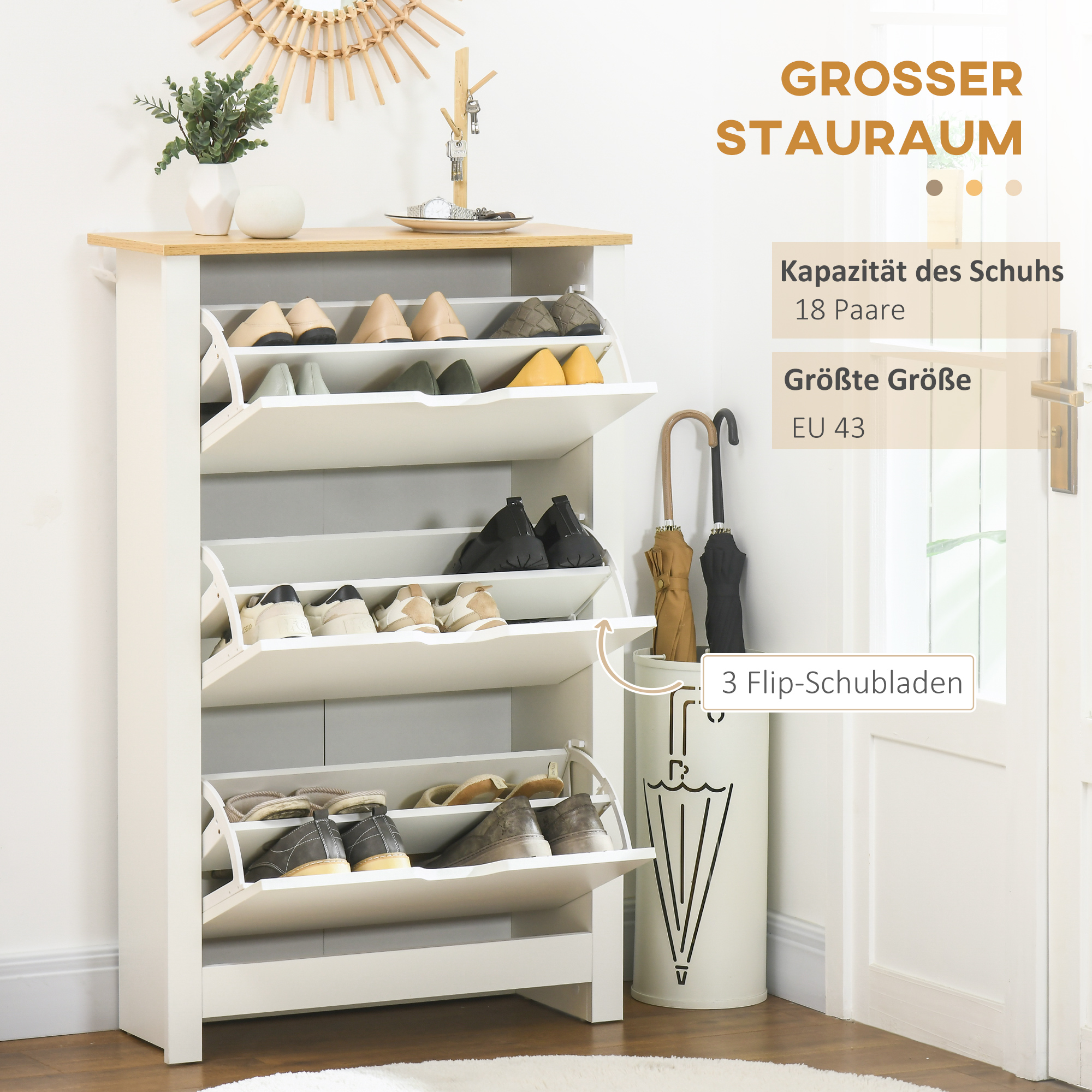 Schuhschrank Schruhregal Schuhaufbewahrung, 3 Fächer, 18 Paar Schuhe,  72 cm x 26 cm x 112 cm, Weiß + Braun