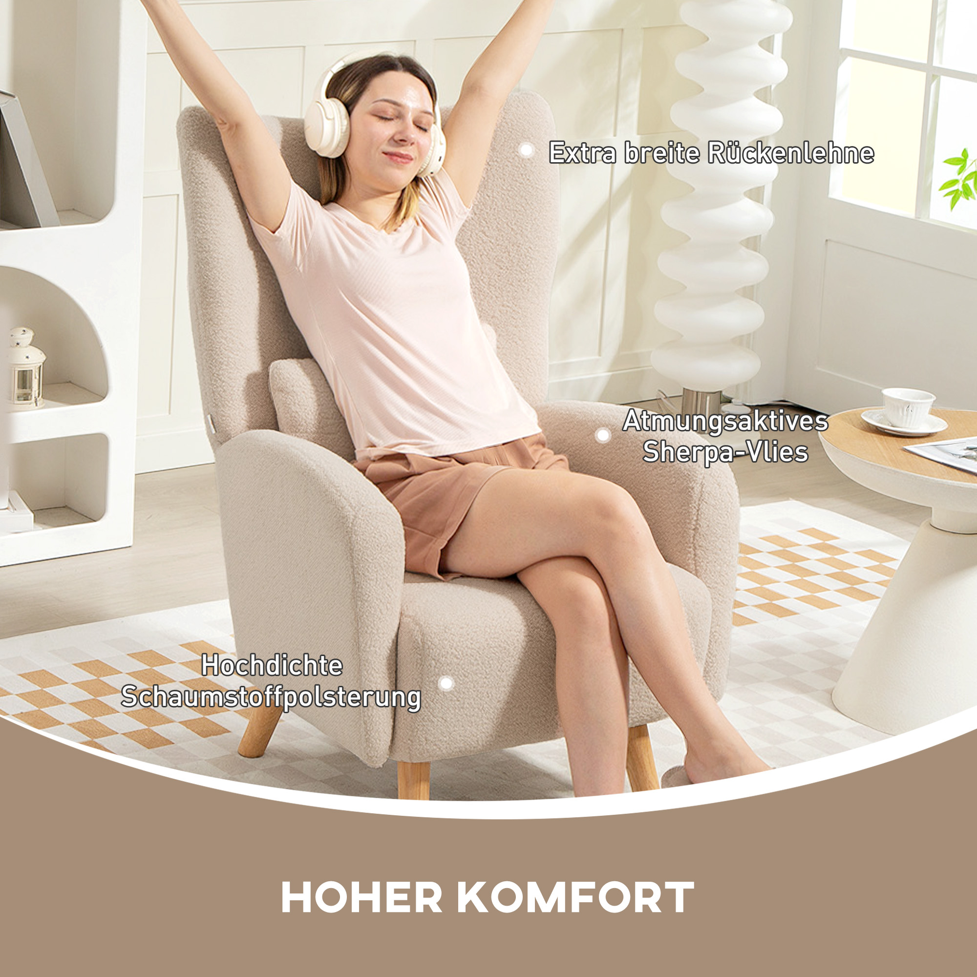 Akzentstuhl, Polstersessel mit Plüschbezug, Schaumstoffkissen, Ohrensessel, Beige