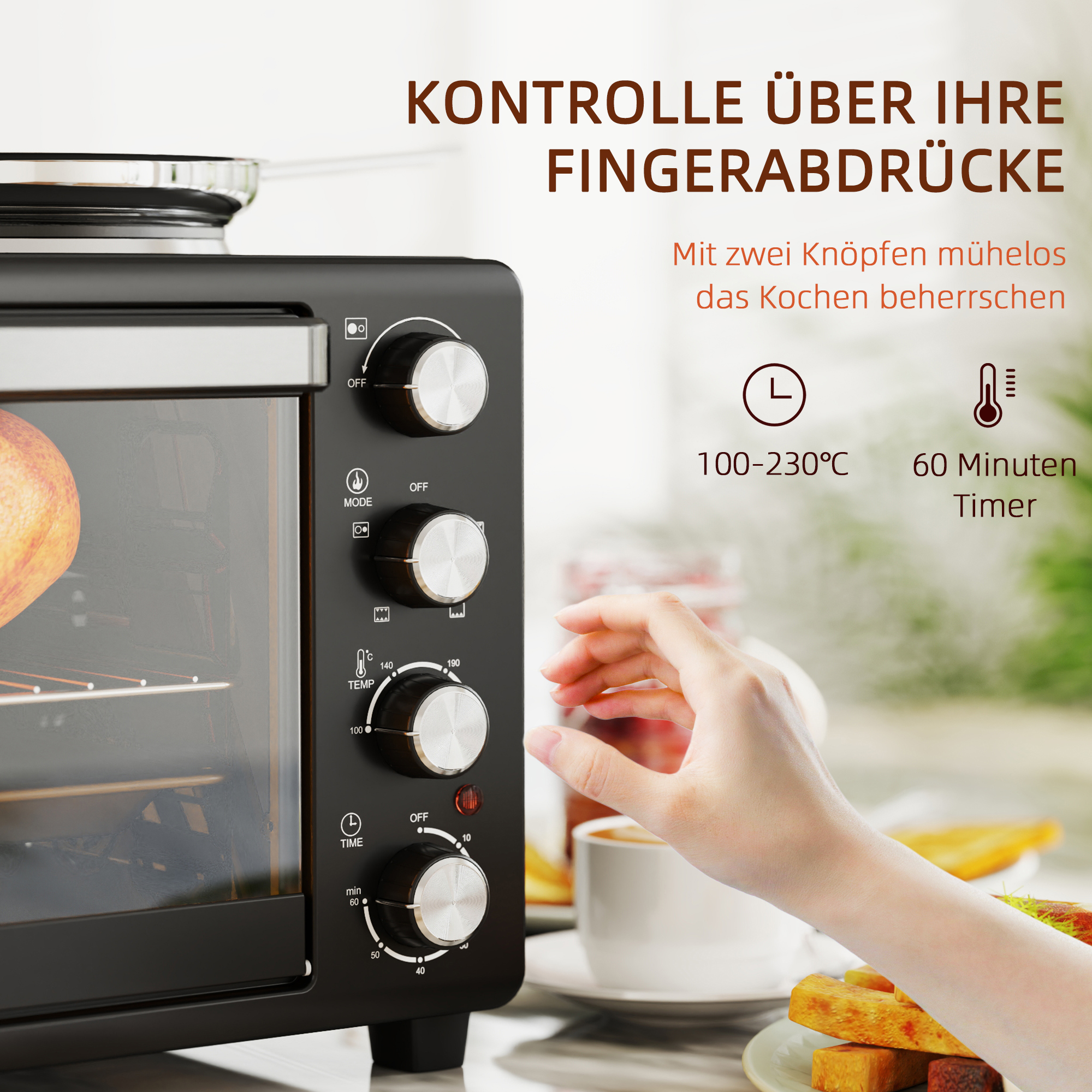 28 L Toasterofen, Kompakter Backofen zum Kochen und Grillen, Elektro-Ofen mit Backblech, Grillrost, 2600W, Schwarz