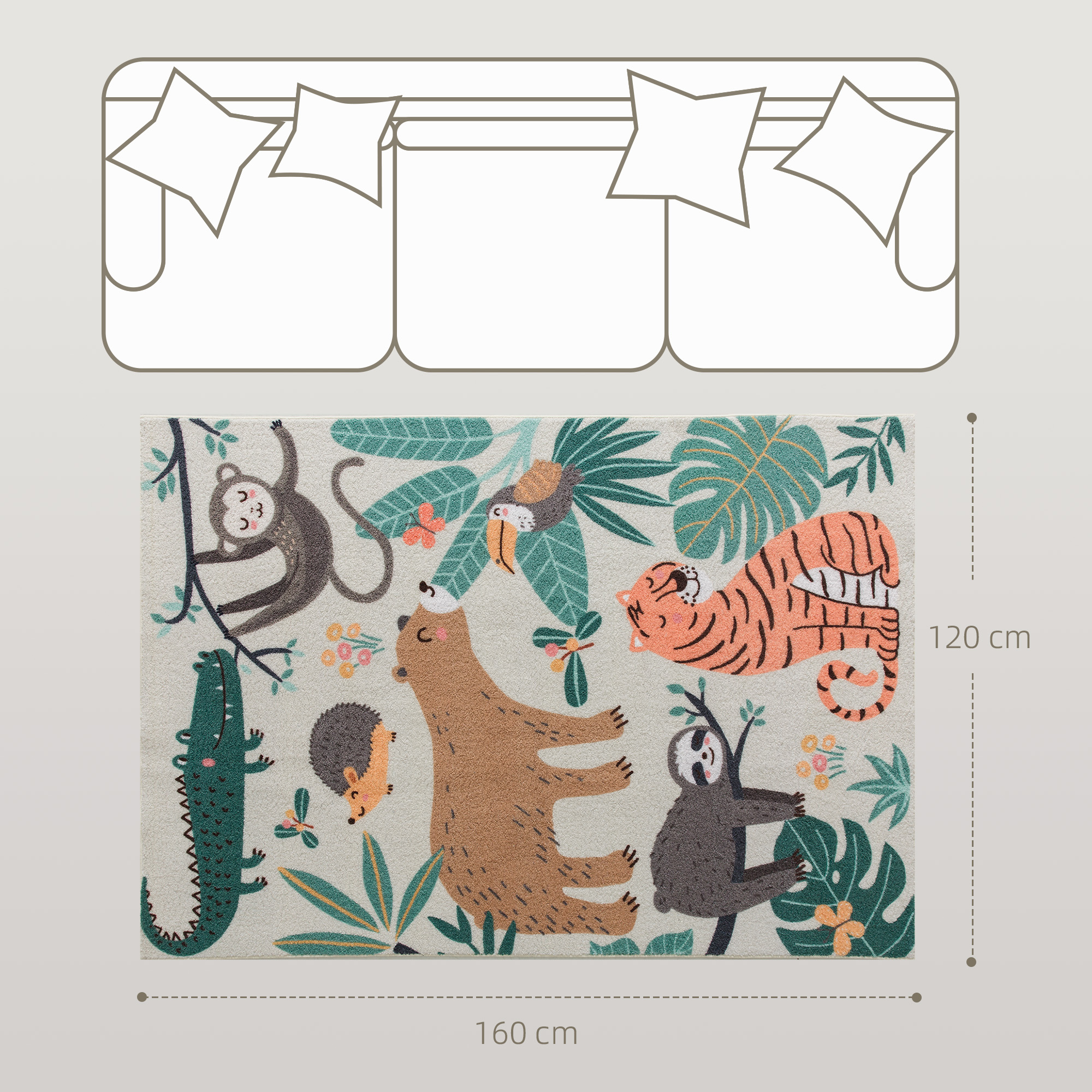 Fleece-Teppich mit Dschungel-Muster, pflegeleicht, Cremeweiß+Bunt