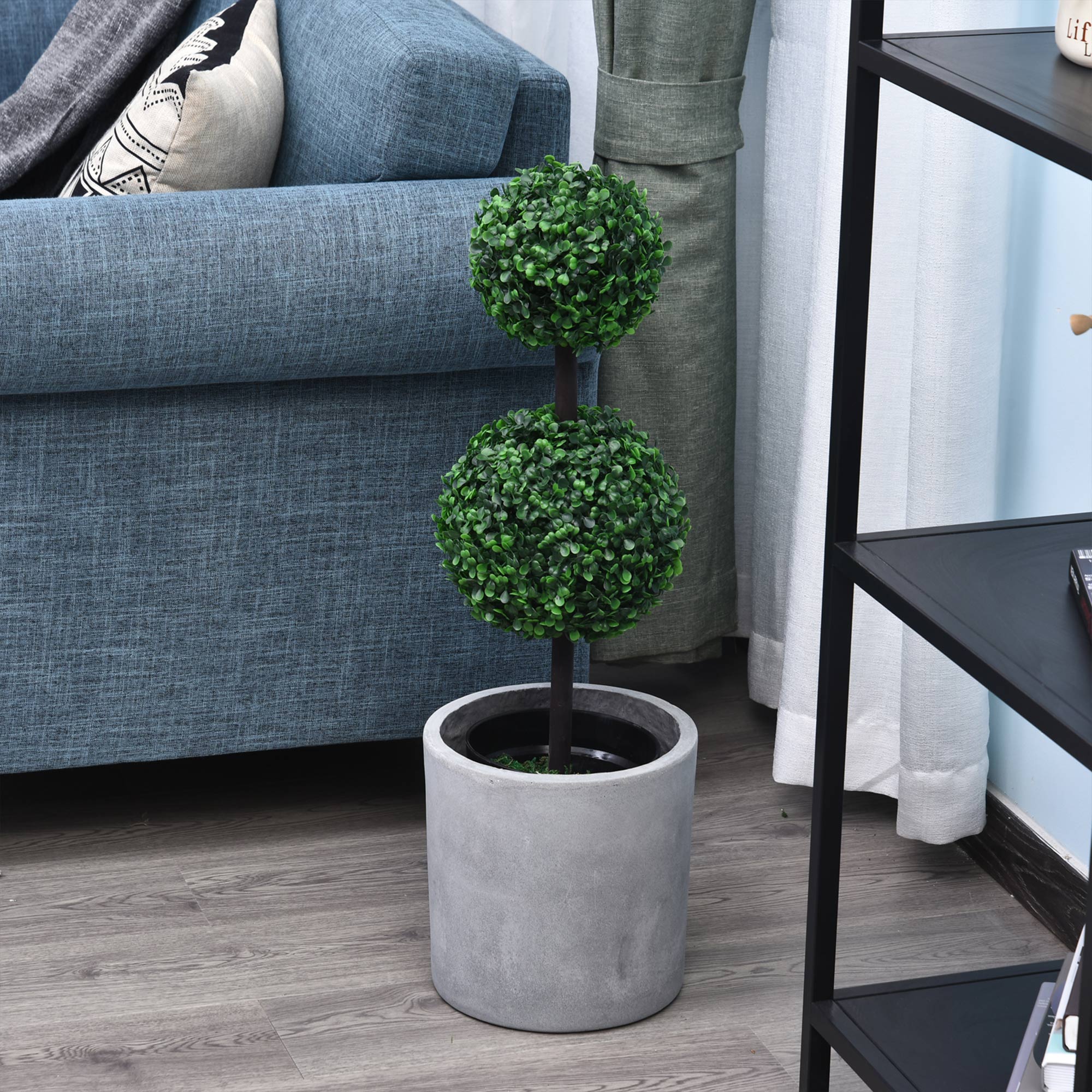 2er-Set Kunstpflanze, Künstliche Pflanzen im Kugeldesign, Kunstbaum im Zementtopf, Kunststoff-Pflanze, Grün+Schwarz