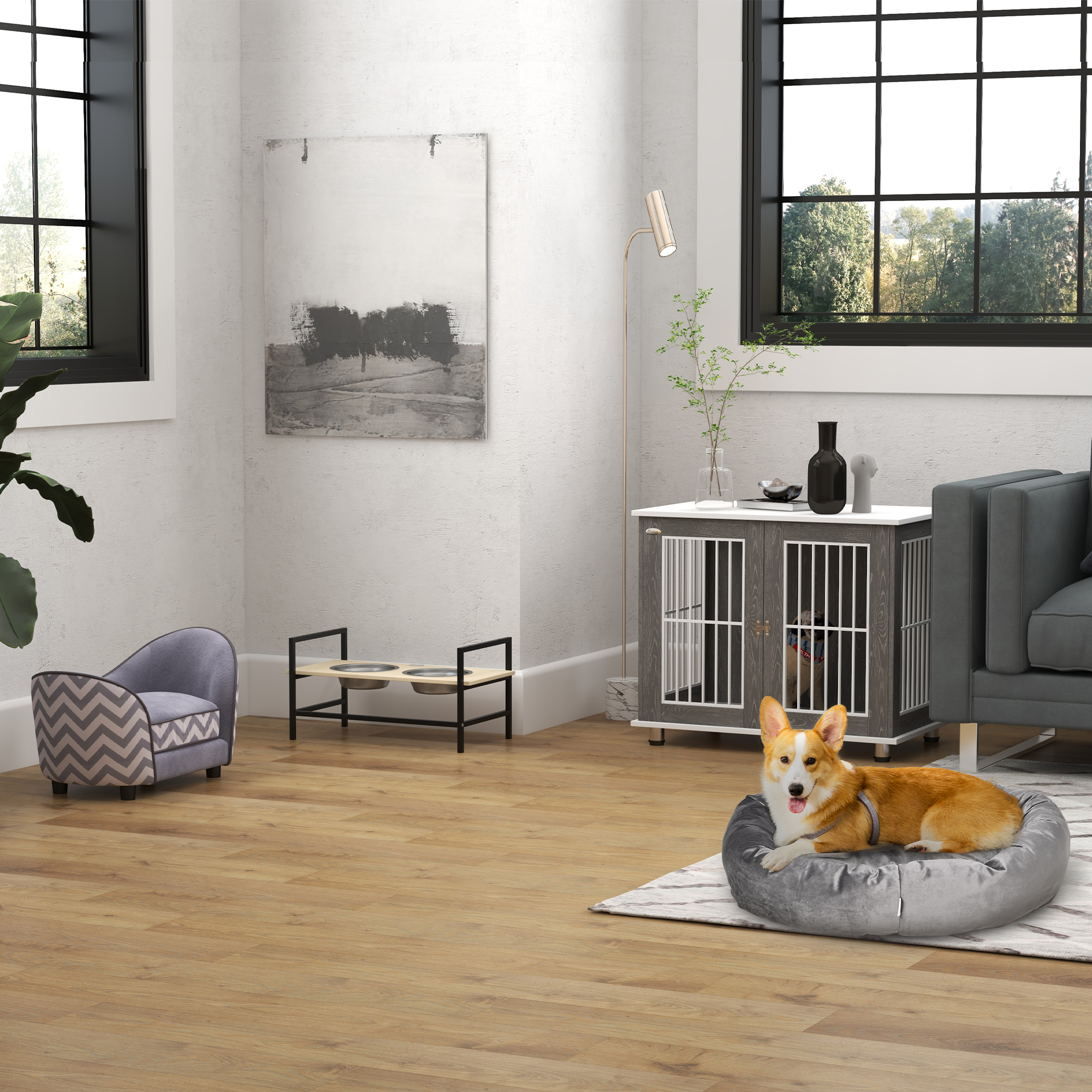 Transportbox für mittelgroße und kleine Hunde, verriegelbar Holzwerkstoff Stahl Grau + Weiß